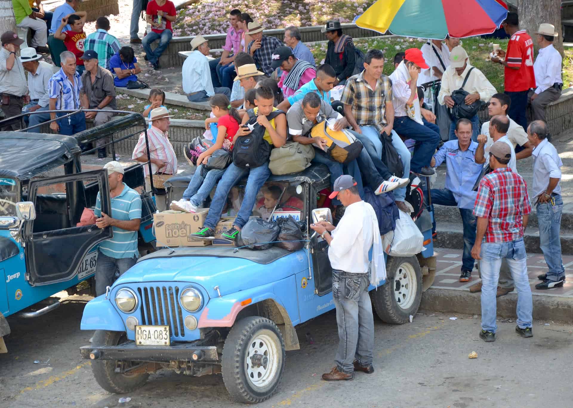 A loaded jeep ready to leave the plaza in Santuario, Risaralda, Colombia