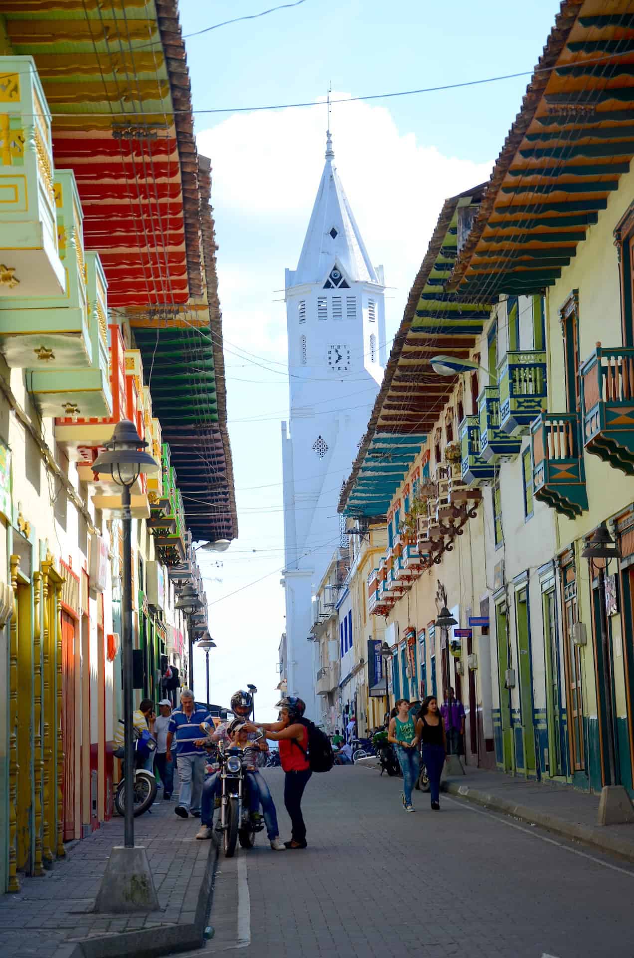 Looking down Calle Real towards the plaza in Santuario, Risaralda, Colombia