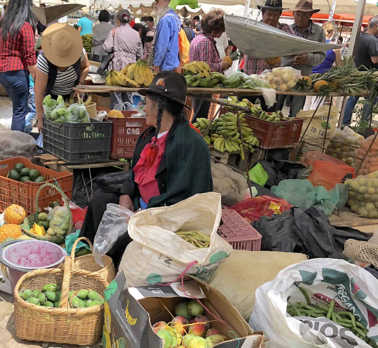 A fruit vendor in traditional clothing at the Saturday Market in Villa de Leyva, Boyacá, Colombia