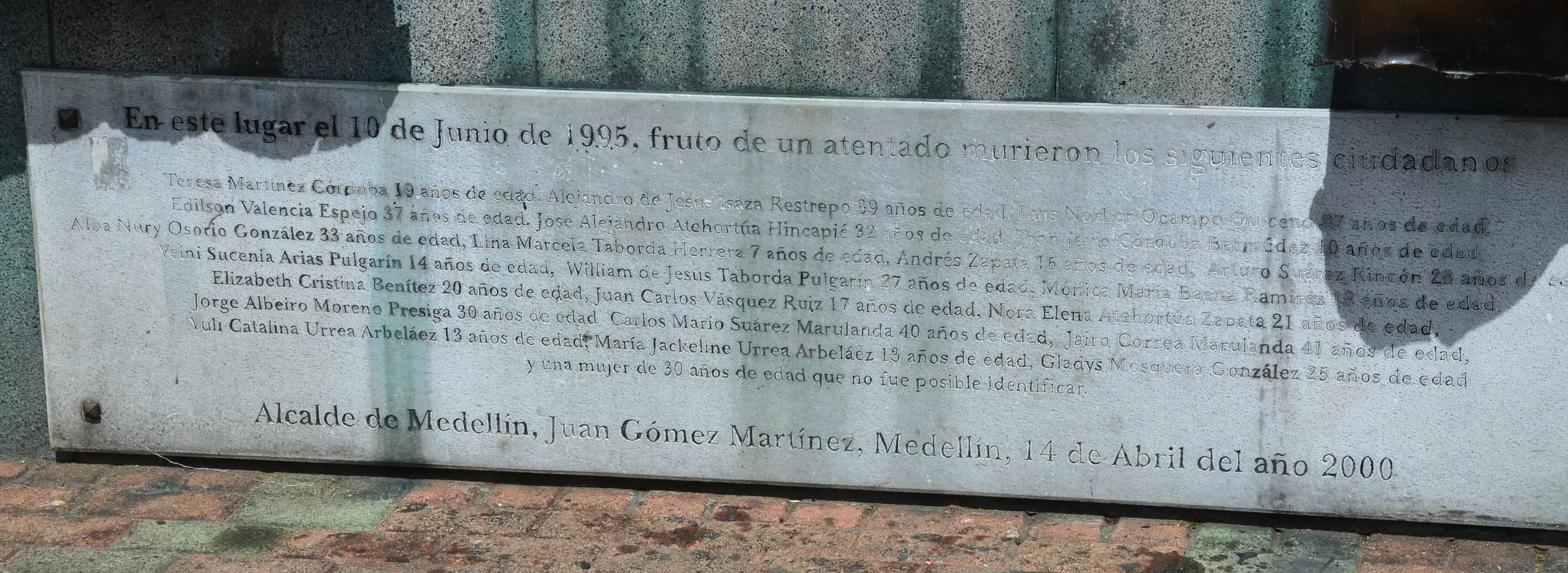 Dedication on the base of the bombed out Botero sculpture