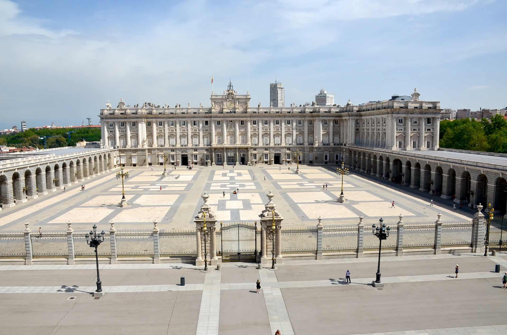 Armory Square of the Royal Palace of Madrid from the balcony of the Almudena Cathedral in Madrid, Spain