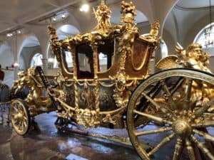 Gold State Coach at the Royal Mews at Buckingham Palace in London, England
