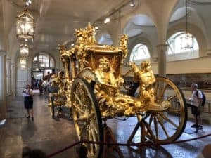 Rear of the Gold State Coach at the Royal Mews at Buckingham Palace in London, England