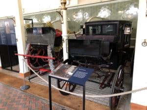Sleigh (left) and Brougham (right) at the Royal Mews at Buckingham Palace in London, England