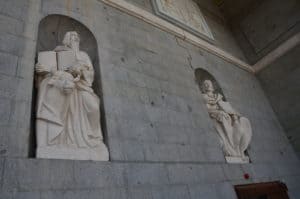 Statues of two Evangelists at the Almudena Cathedral in Madrid, Spain