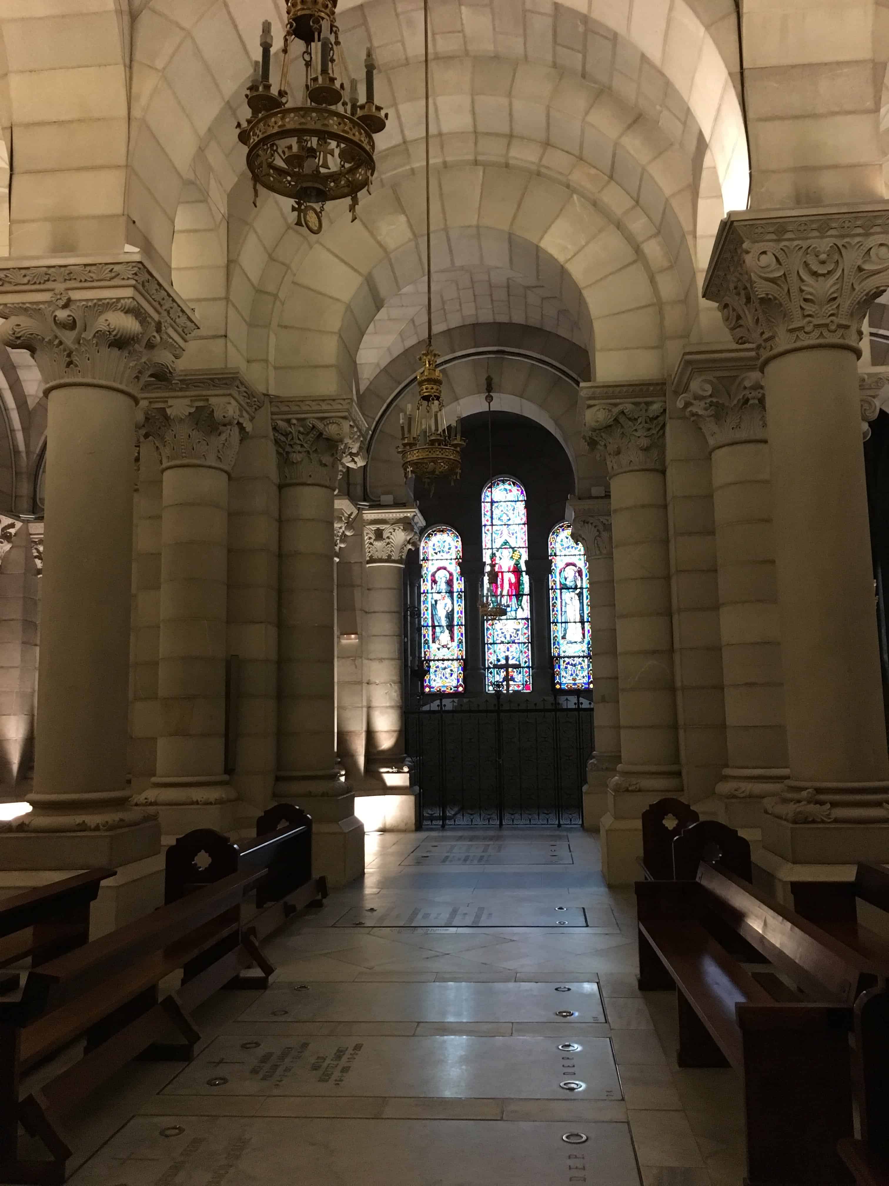 Looking towards stained glass windows in the crypt