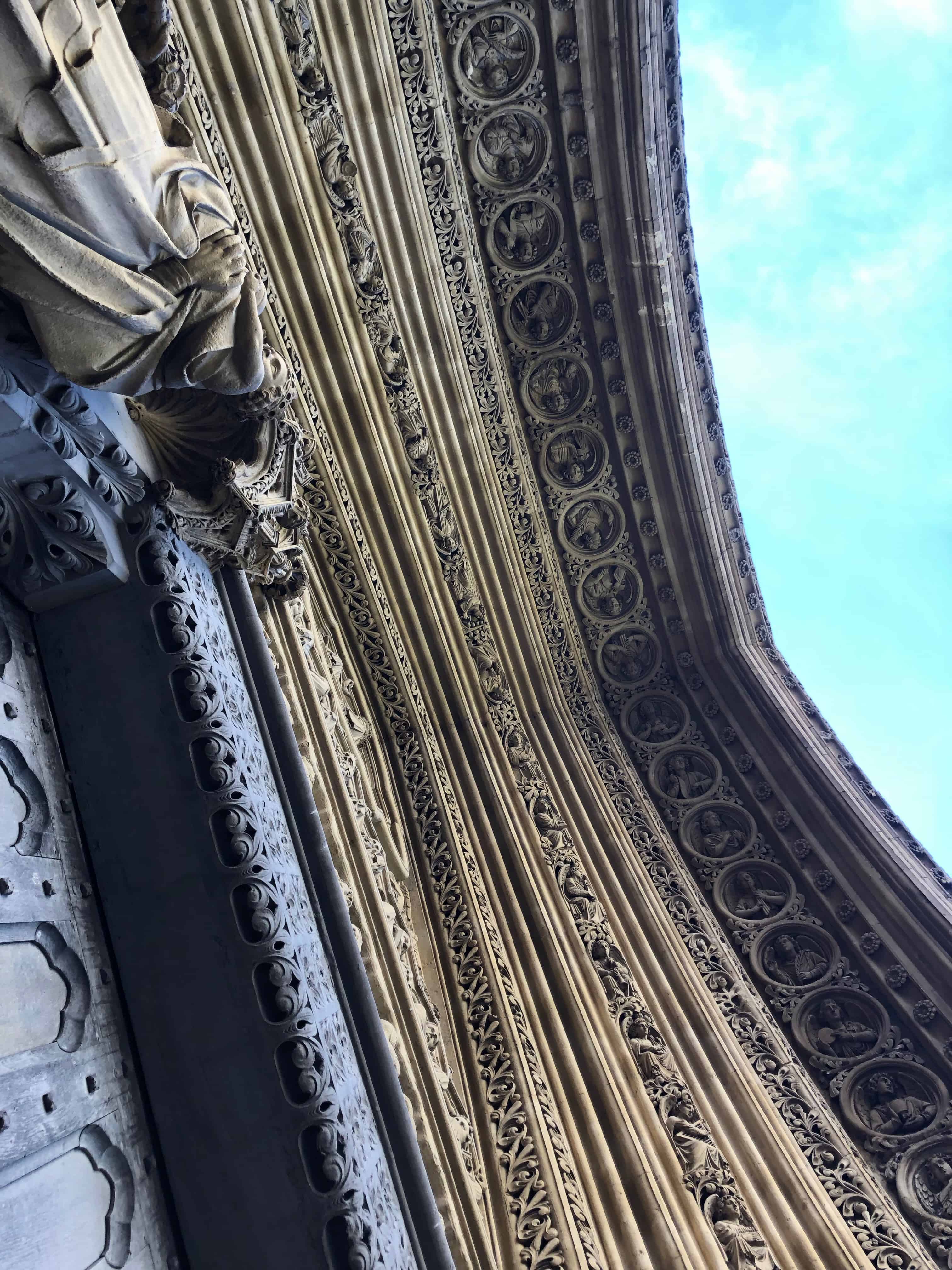 Looking up at the north entrance at Westminster Abbey in London, England