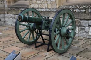 Bronze six pounder gun (July 14, 1813) on display outside the Jewel House in the Inner Ward of the Tower of London in London, England