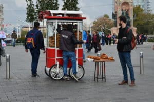 Simit vendor at Taksim Square in Istanbul, Turkey