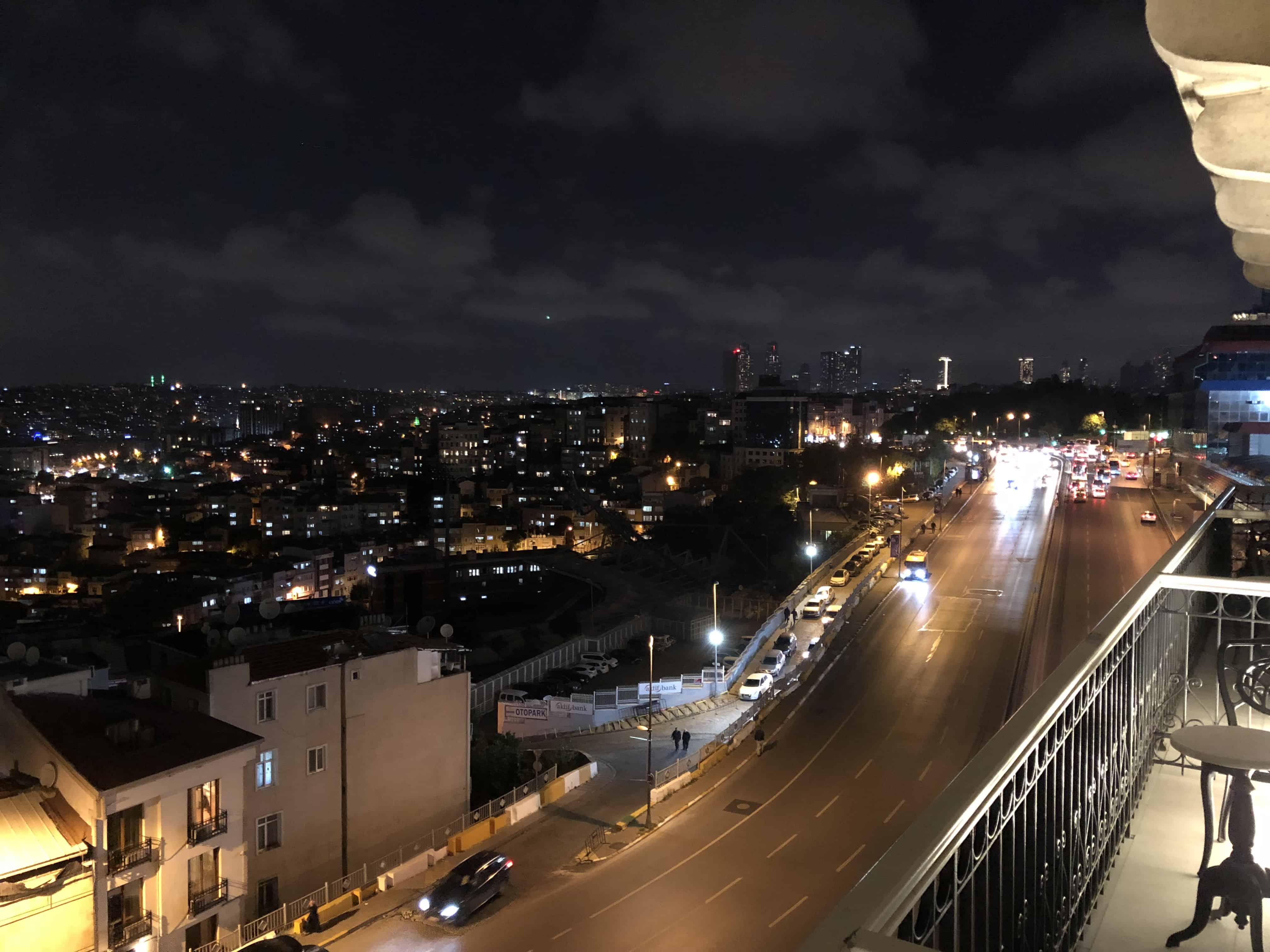 View from my balcony at night at the Pera Palace Hotel in Istanbul, Turkey