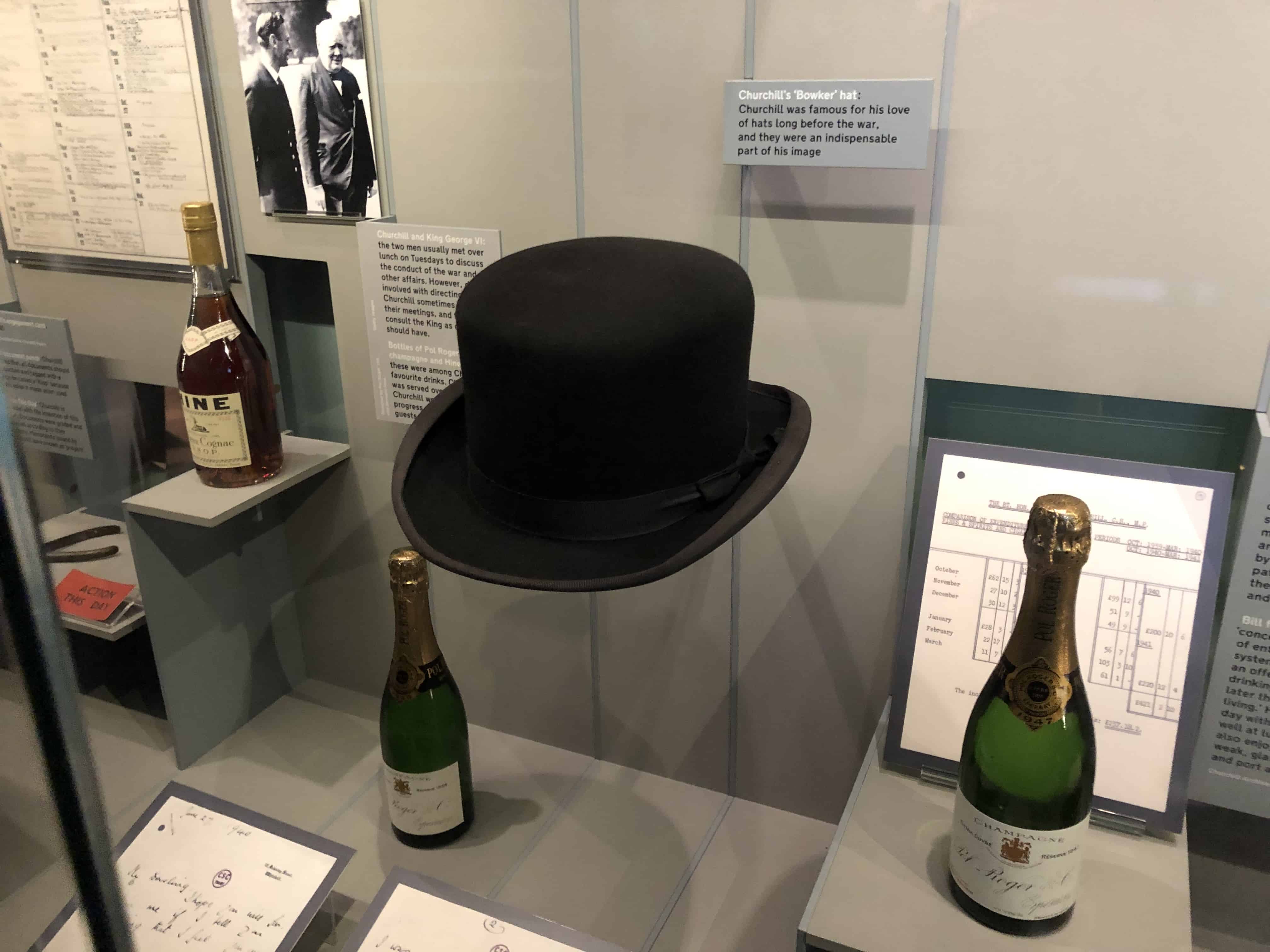 Churchill's hat and champagne bottles in the Churchill Museum at the Churchill War Rooms in London, England