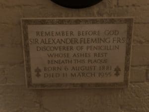Plaque above the ashes of Sir Alexander Fleming