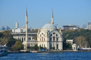 Dolmabahçe Mosque from the Bosporus in Dolmabahçe, Beşiktaş, Istanbul, Turkey