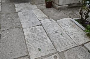 Tombstones in the courtyard at the Monastery of the Life-giving Spring in Istanbul, Turkey