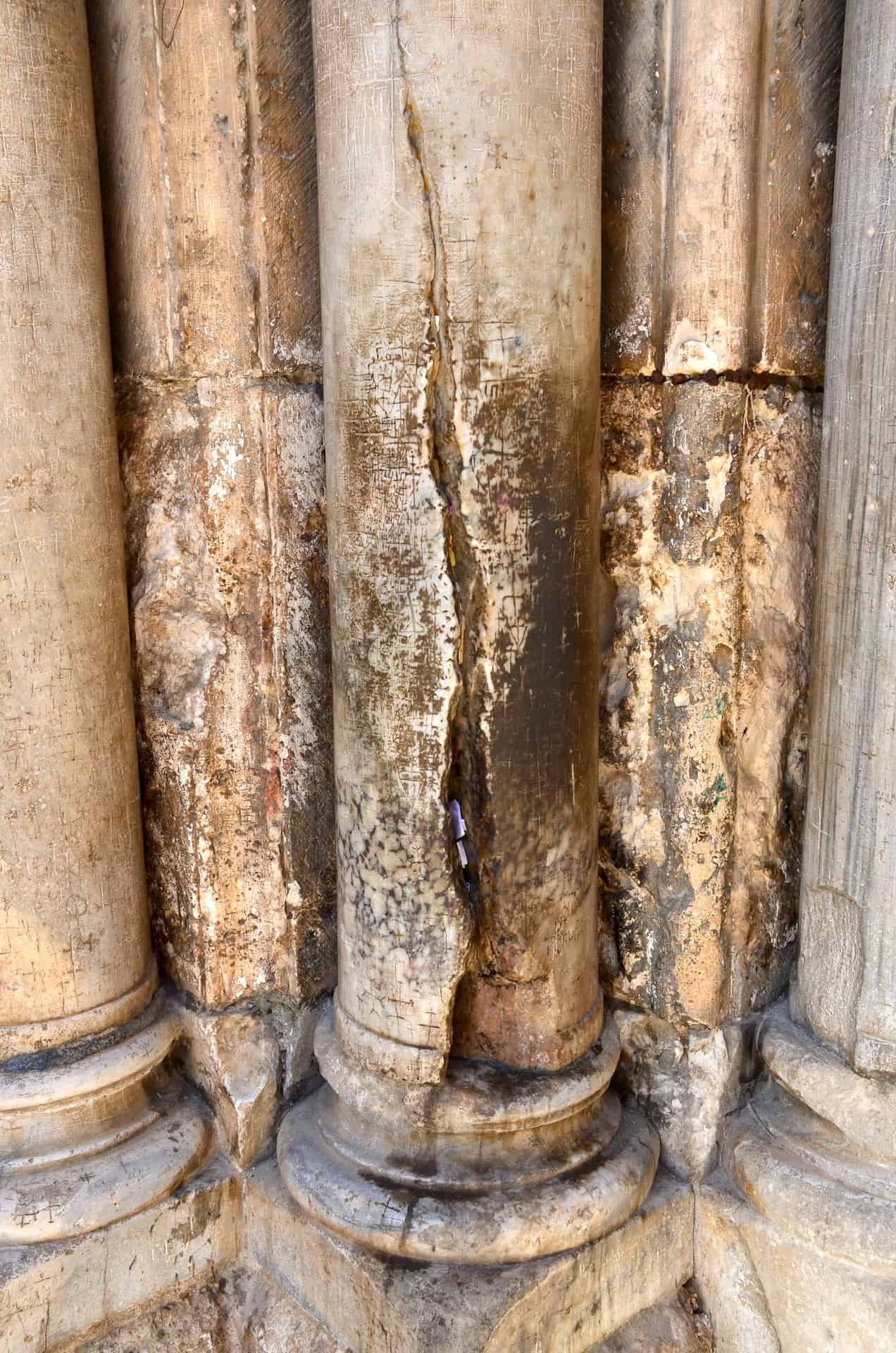 Cracked pillar at the Church of the Holy Sepulchre in Jerusalem