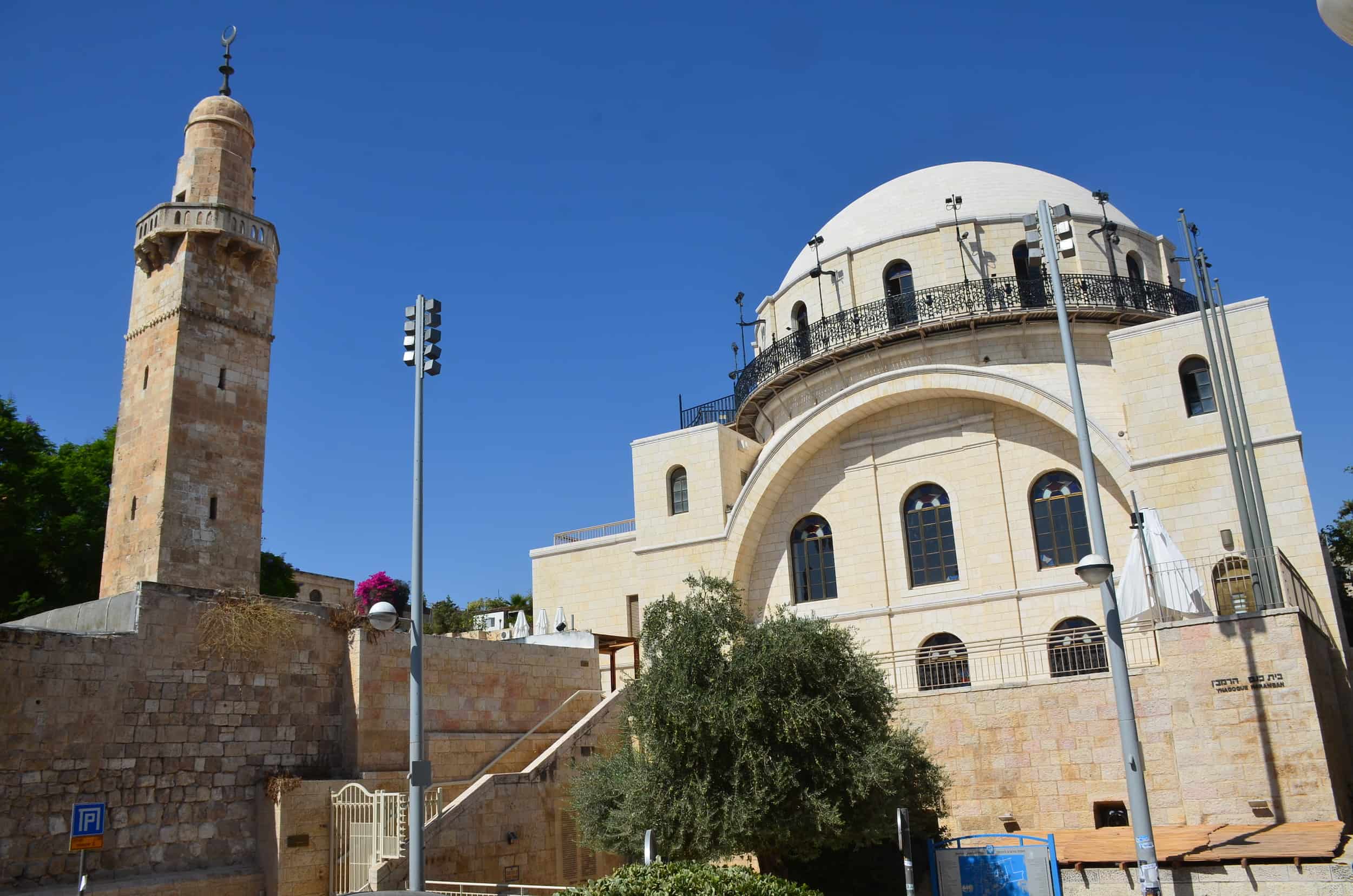 Minaret of the Sidna Omar Mosque (left) and Hurva Synagogue (right) in the Jewish Quarter of Jerusalem