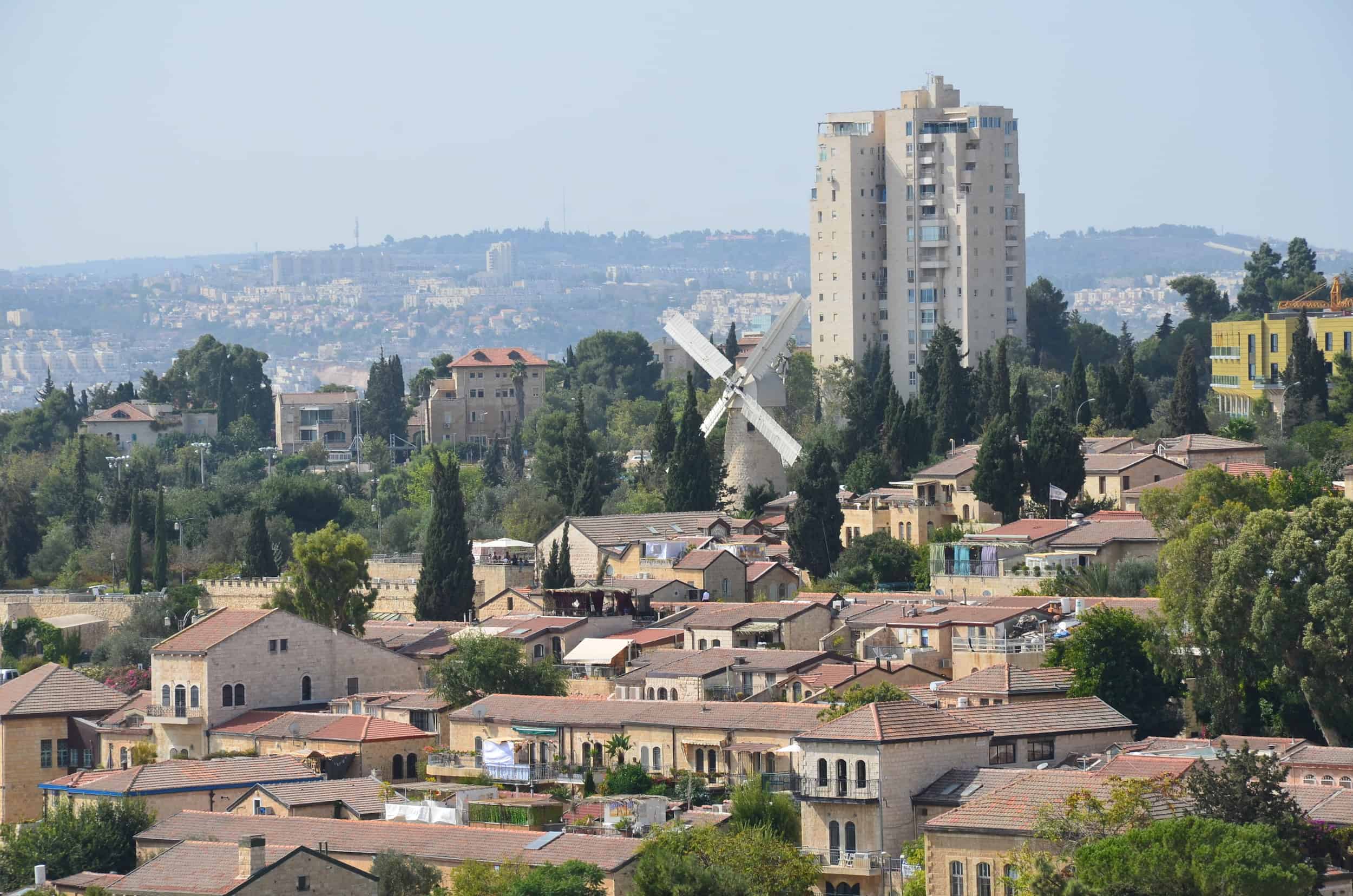 View of the Montefiore Windmill on the southern route of the Ramparts Walk in Jerusalem