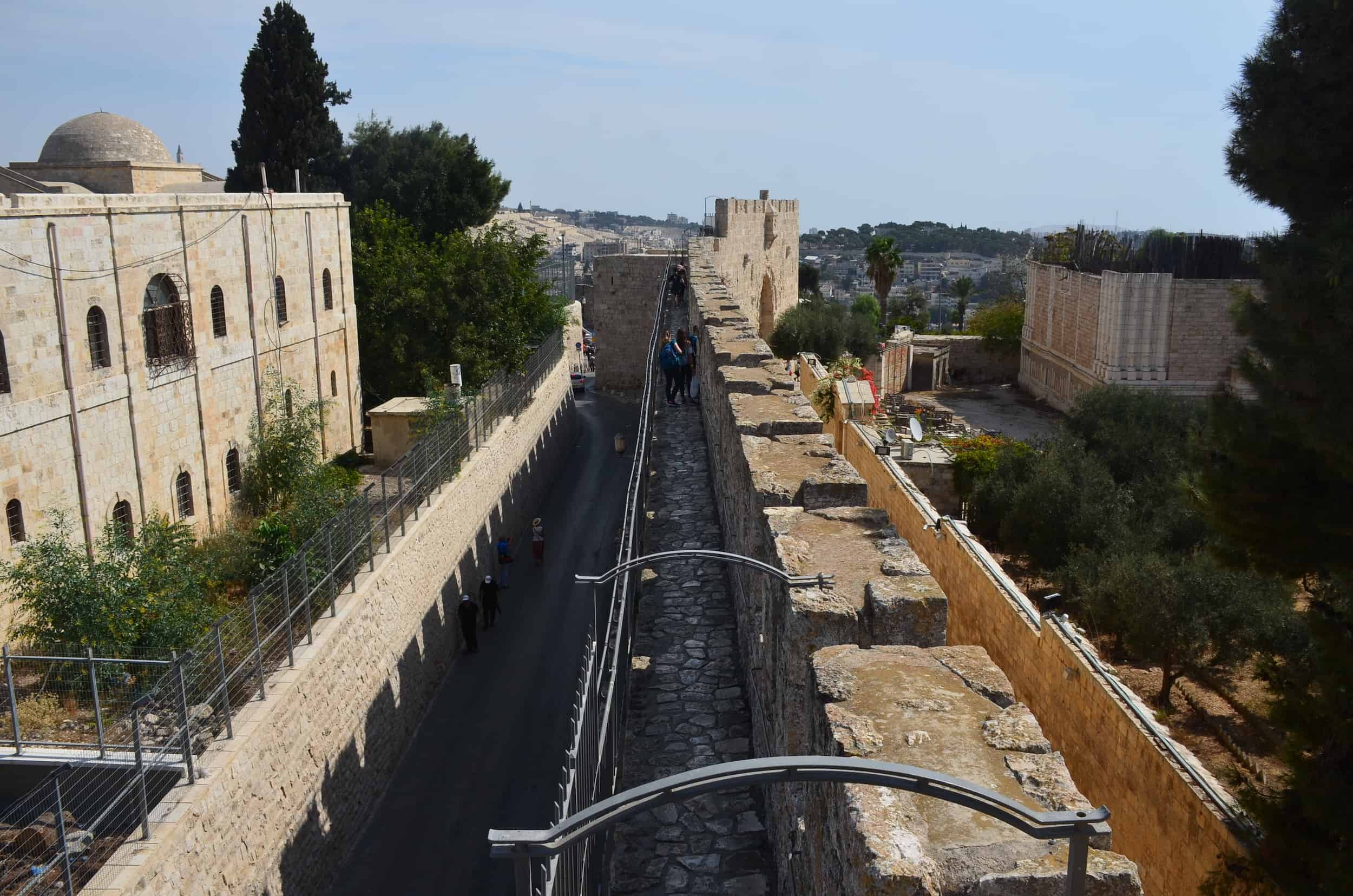 Walking east on the southern route of the Ramparts Walk in Jerusalem