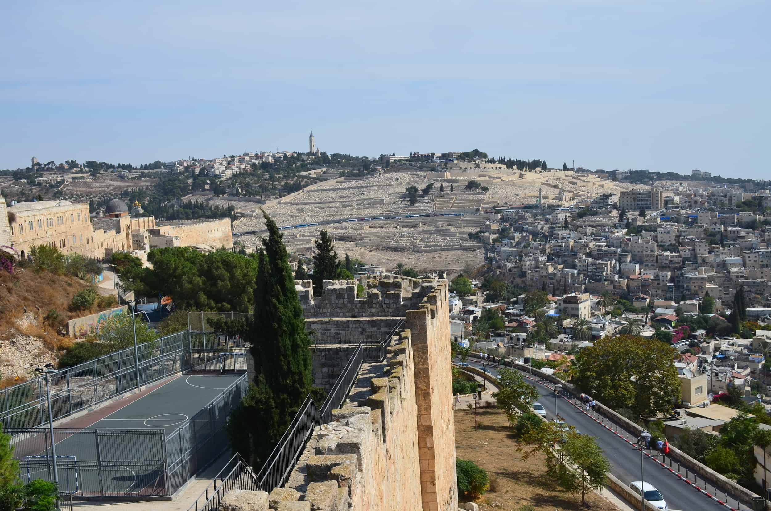 Looking towards the Mount of Olives on the southern route of the Ramparts Walk in Jerusalem