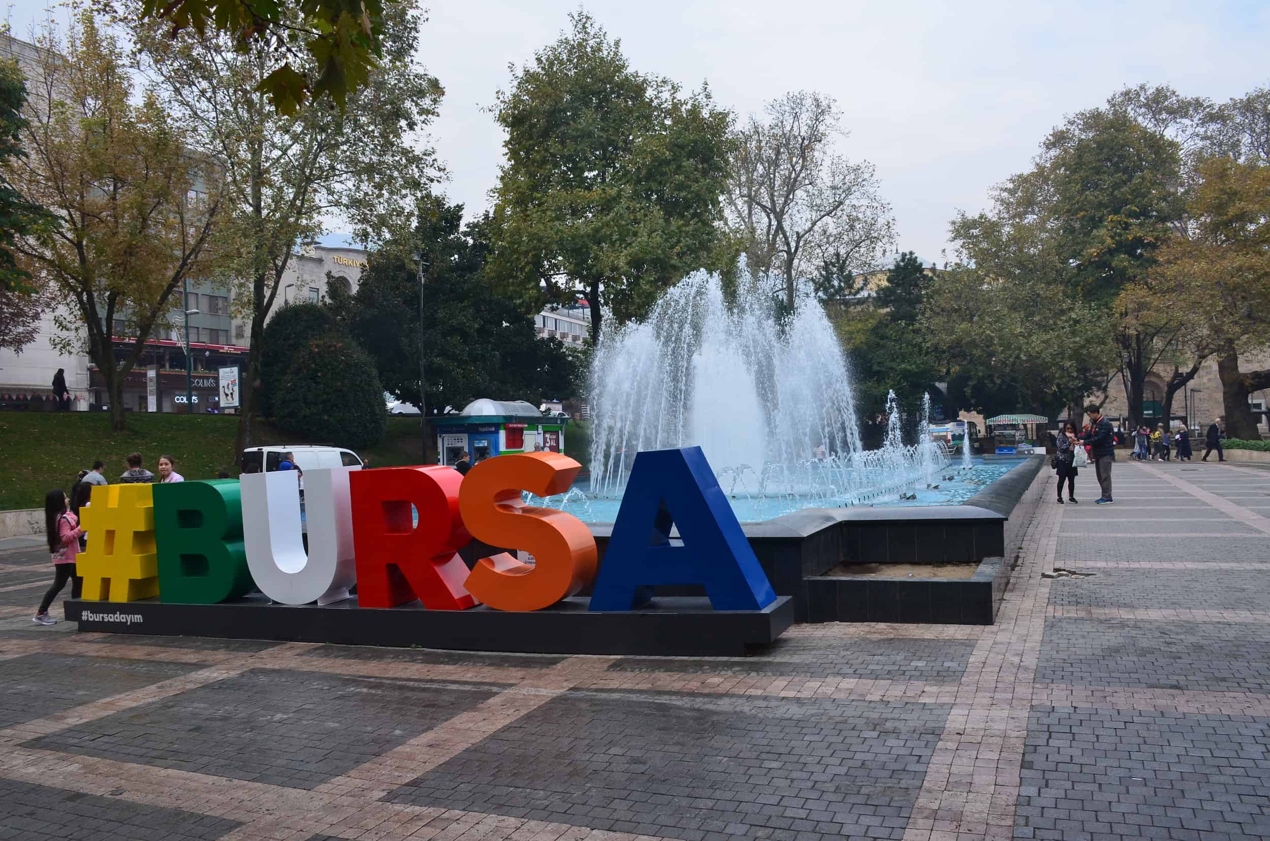 Bursa sign in Gazi Orhan Park in Bursa, Turkey
