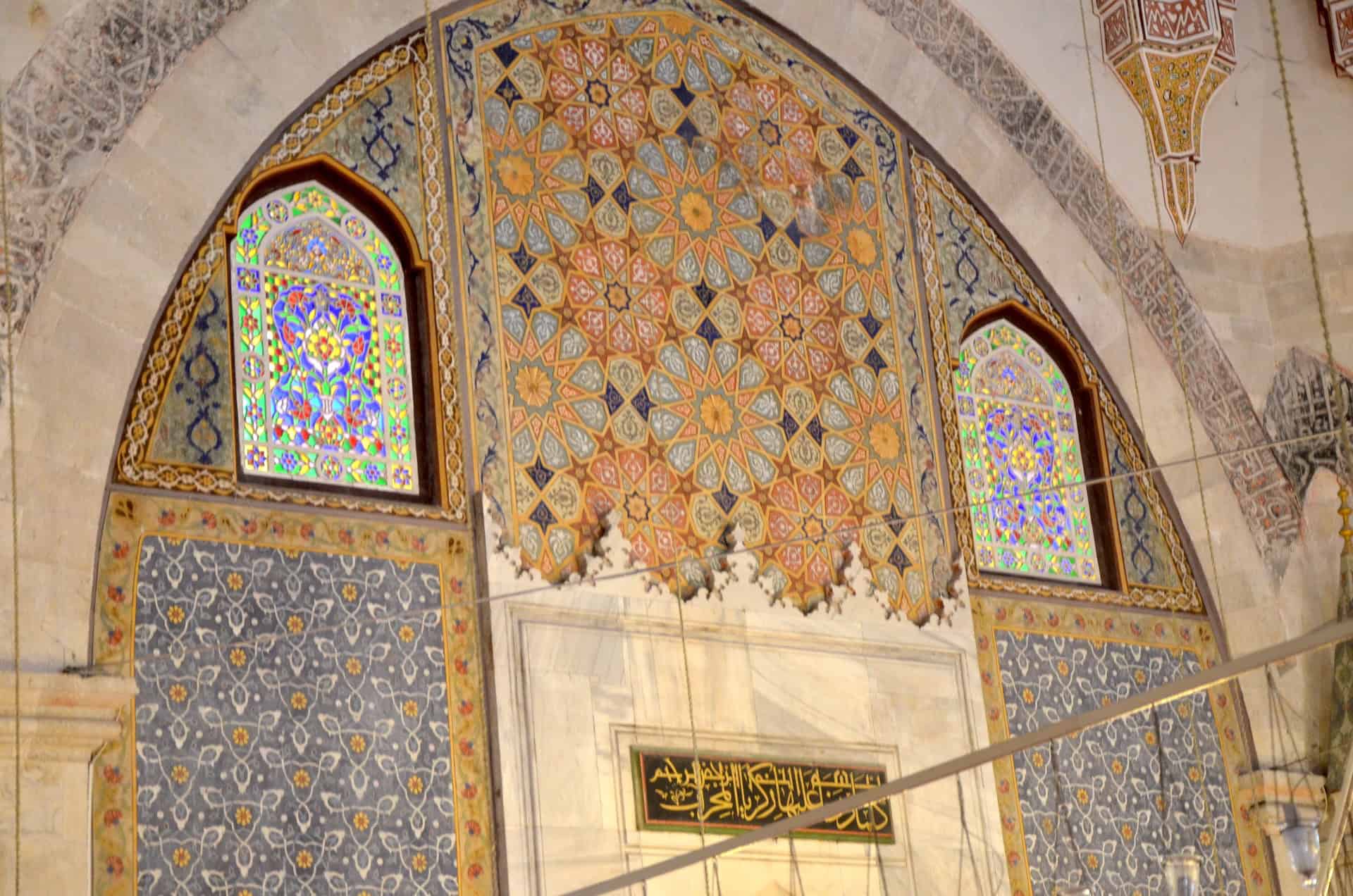 Artwork around the mihrab at the Mosque with Three Balconies in the Edirne historic city center, Turkey