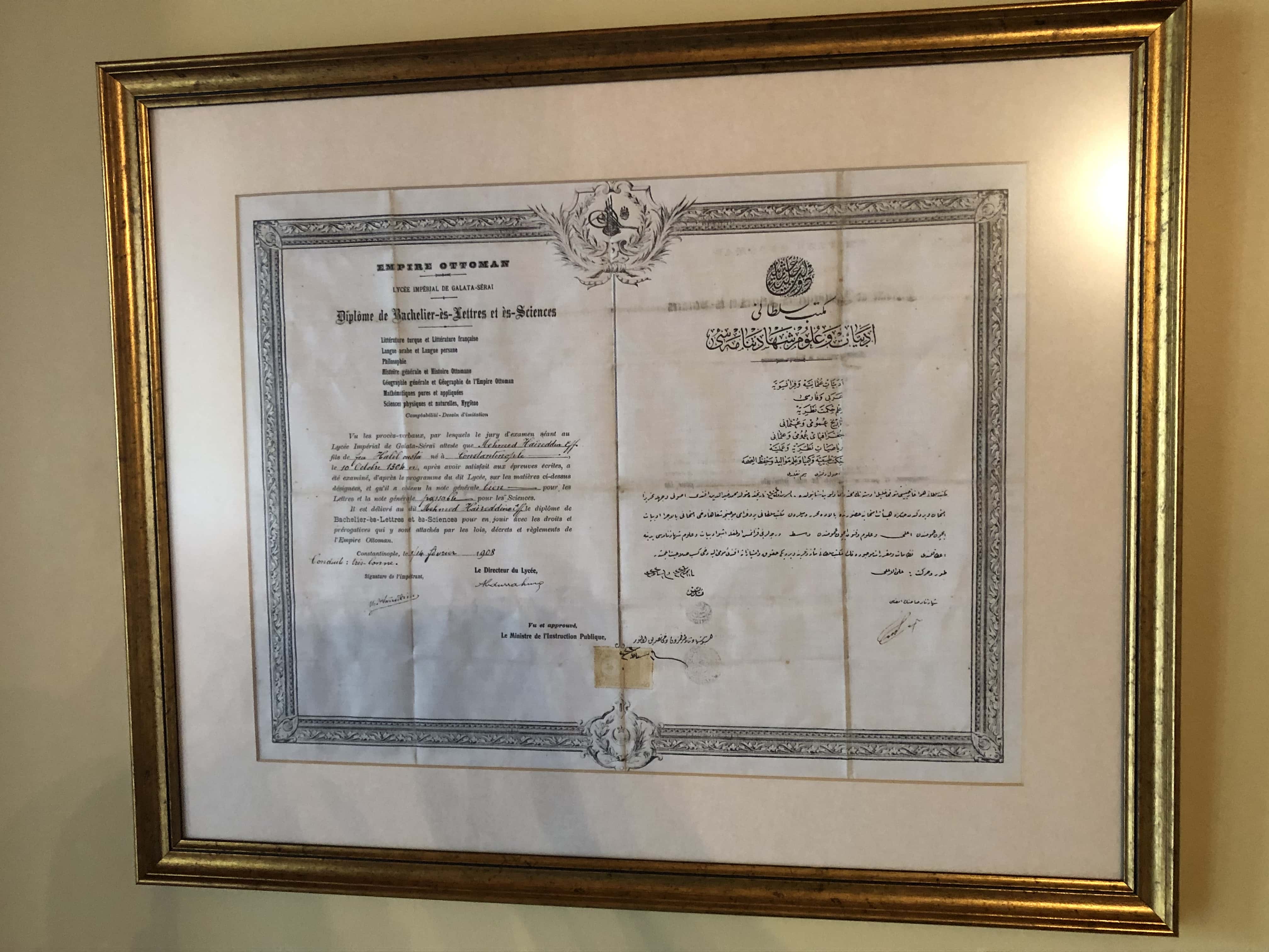 Diploma at the Galatasaray Museum in Istanbul, Turkey