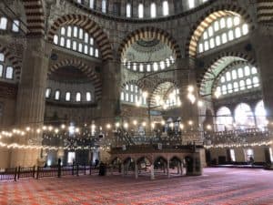 Prayer hall at the Selimiye Mosque in Edirne, Turkey