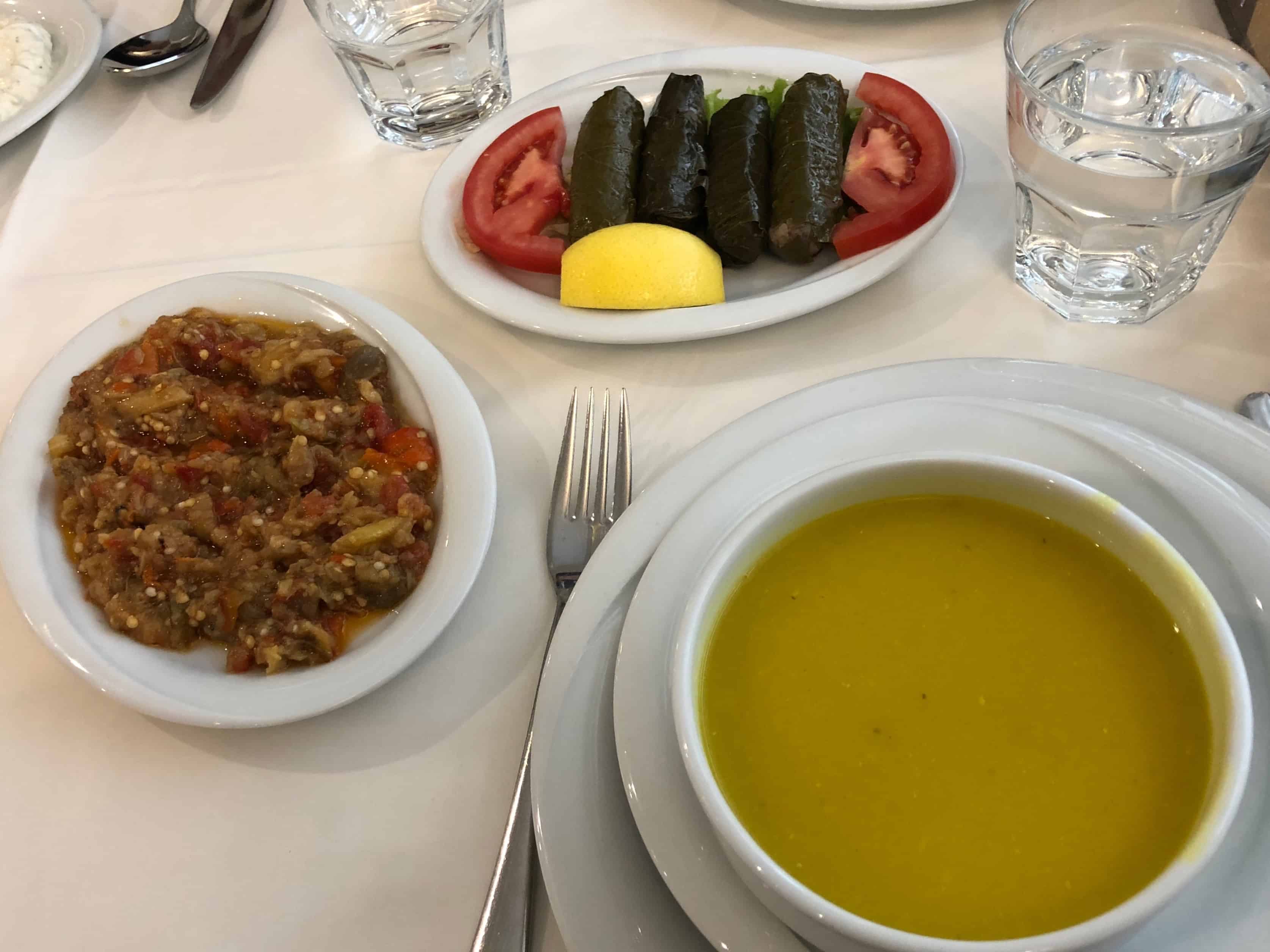 Soup and meze dishes at Kebapçı Mahmut in Fatih, Istanbul, Turkey