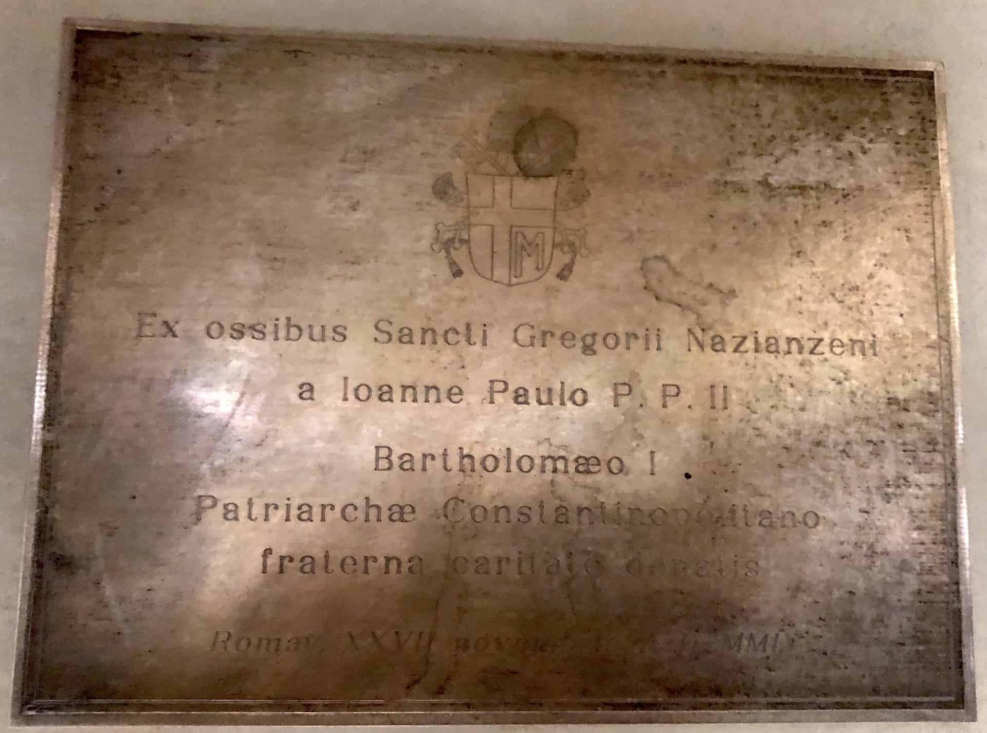 Plaque in Latin commemorating the return of the relics of St. Gregory at the Church of St. George