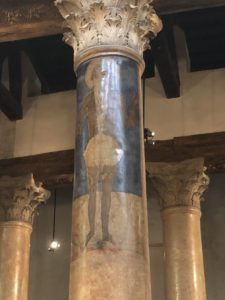 Column painted with an image of a saint at the Church of the Nativity in Bethlehem, Palestine