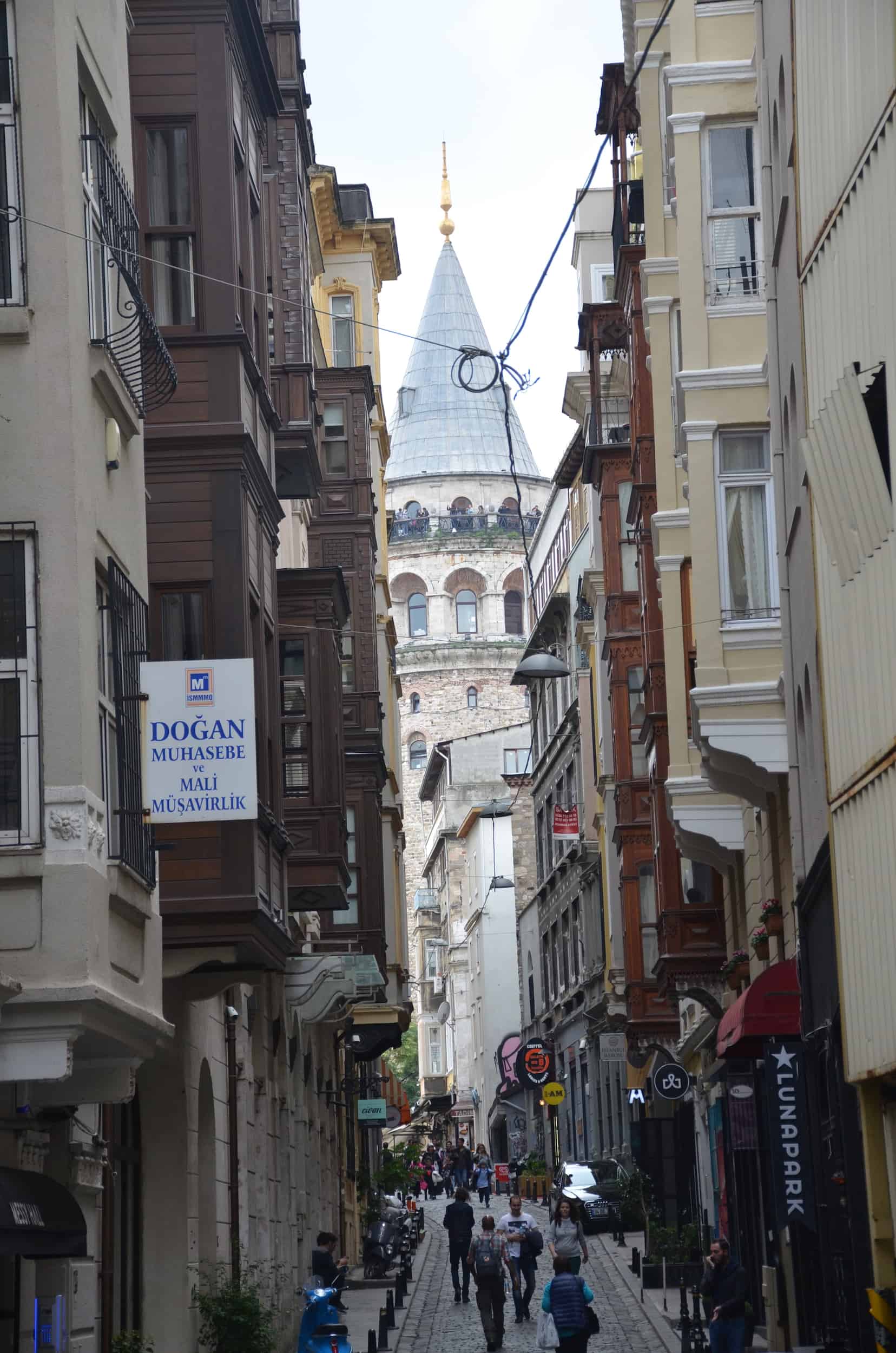 View of the Galata Tower on Serdar-ı Ekrem Street in Galata, Istanbul, Turkey