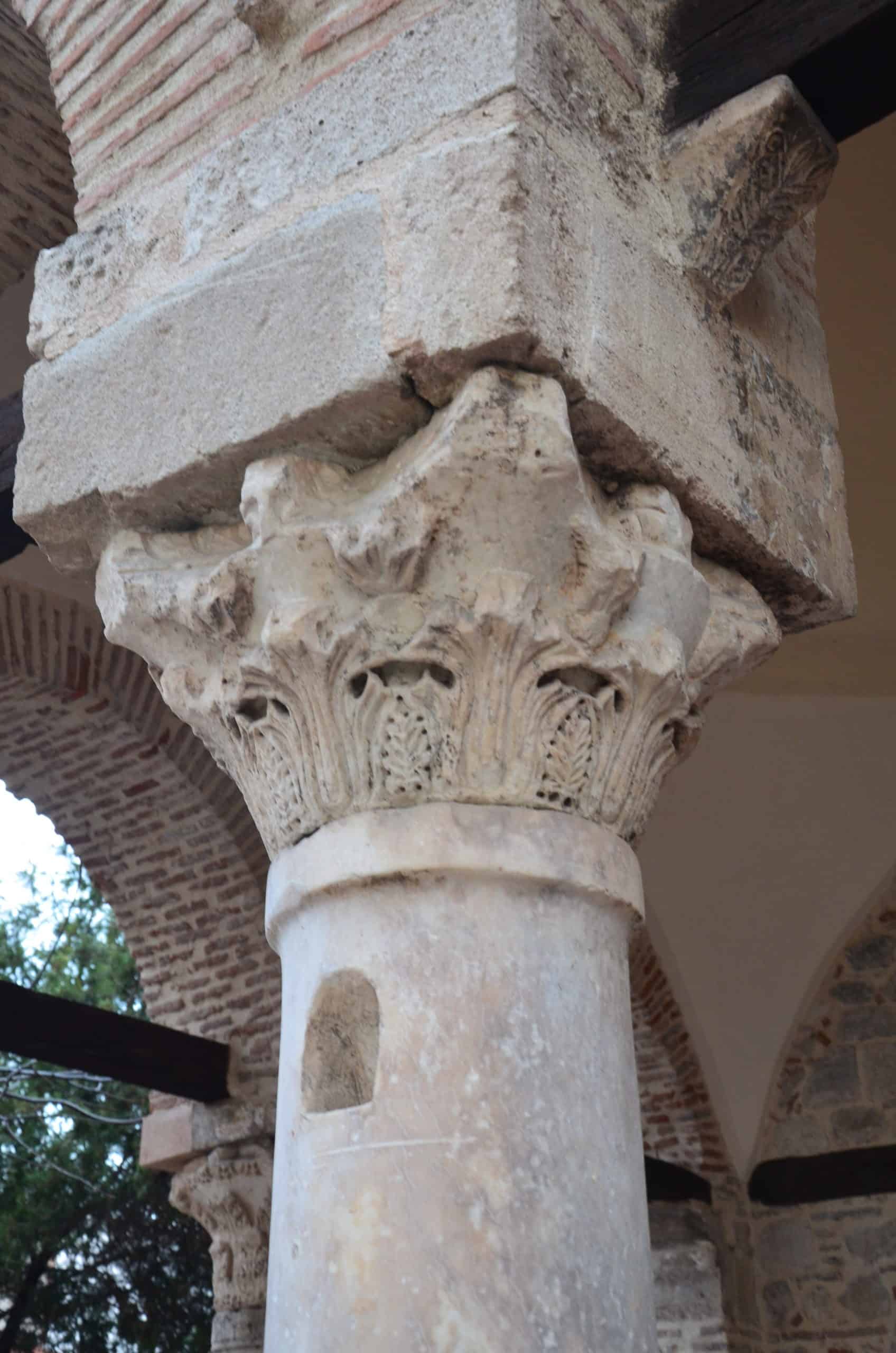 Ancient column capital on the primary school at the Kurşunlu Complex in Odunpazarı, Eskişehir, Turkey