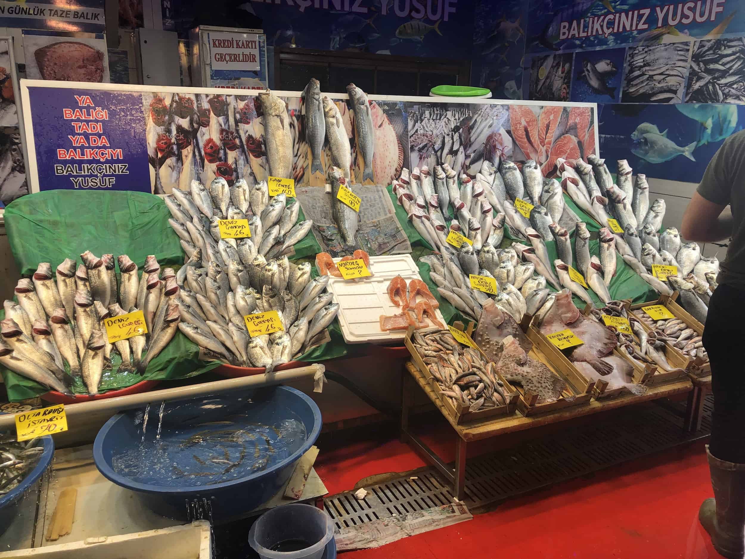 Fresh fish at Karaköy Fish Market near Karaköy Square in Karaköy, Istanbul, Turkey