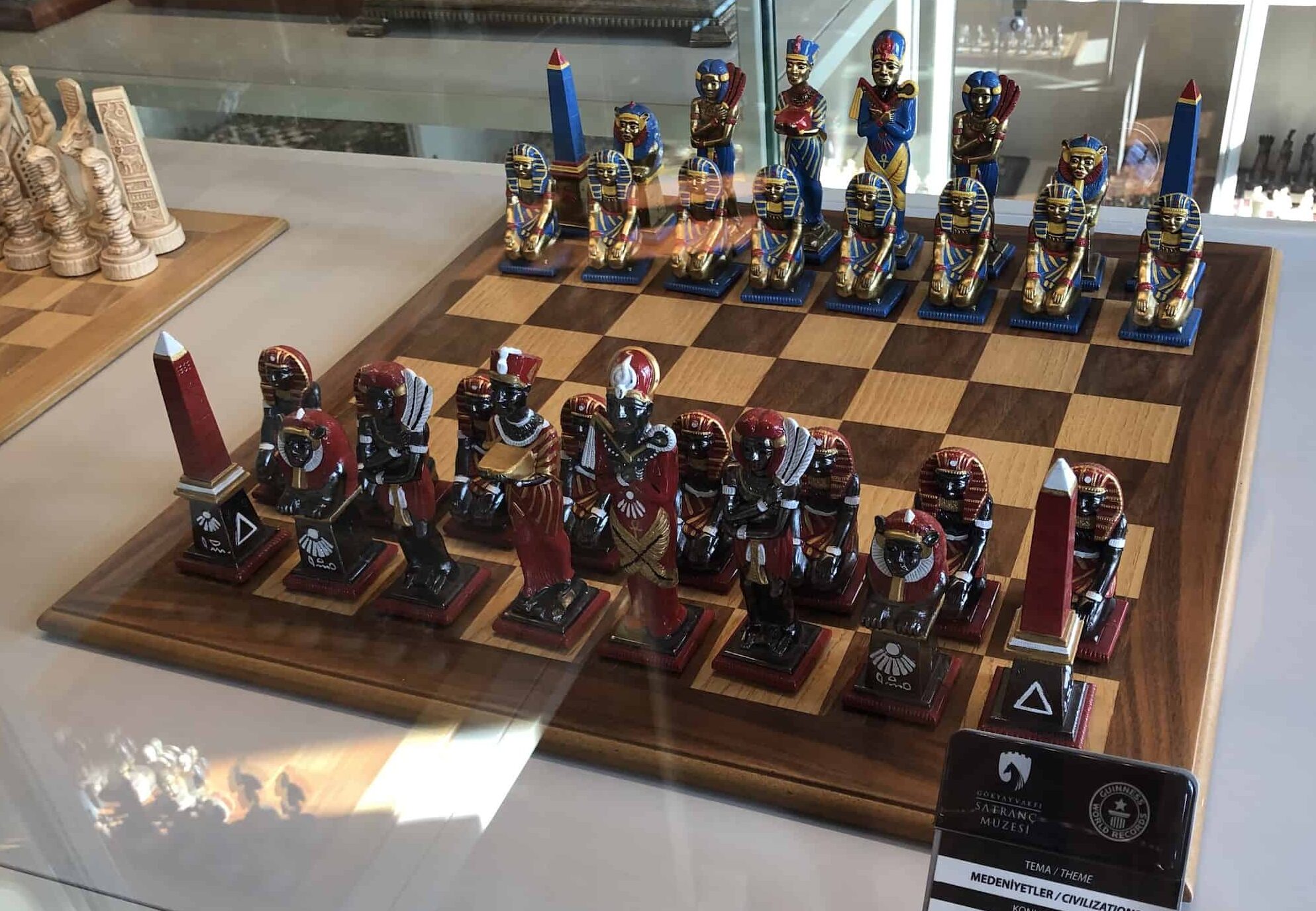 Cast metal chess set (Egypt) at the Gökyay Foundation Chess Museum in Ankara, Turkey