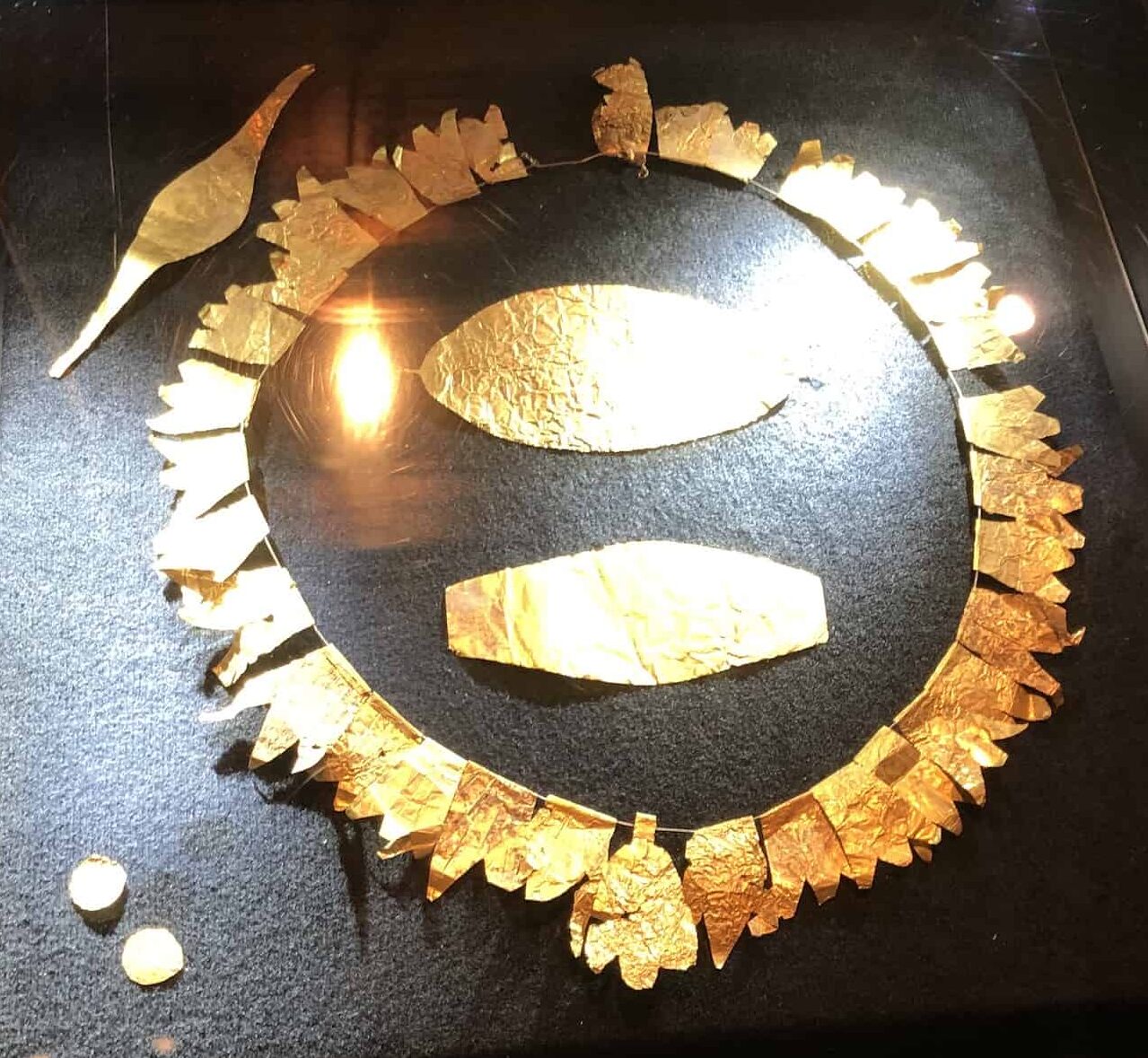Gold leaf crown, mouth, and eye bands at the Erimtan Archaeology and Arts Museum in Ankara, Turkey