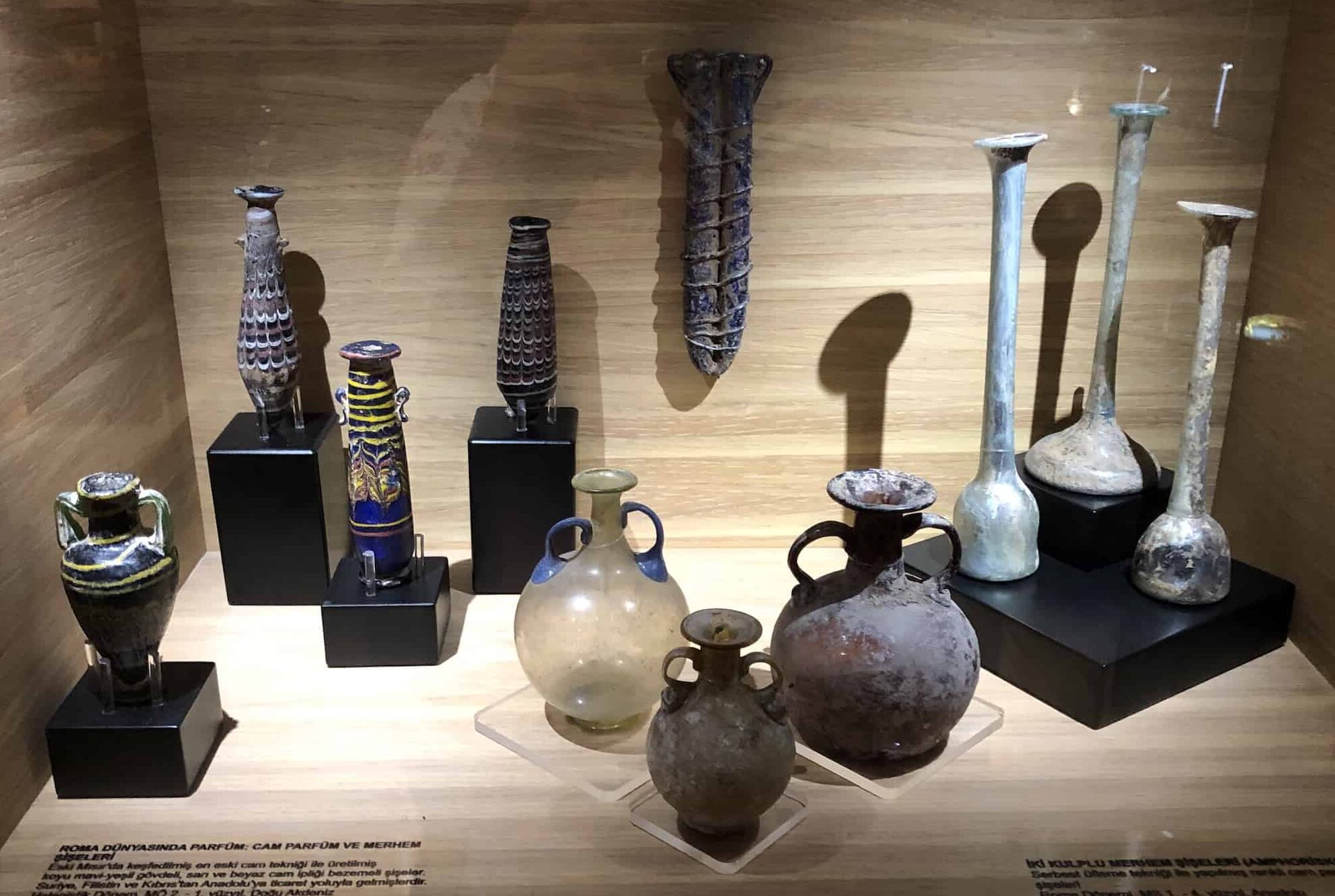 Perfume and unguent bottles made of glass at the Erimtan Archaeology and Arts Museum in Ankara, Turkey
