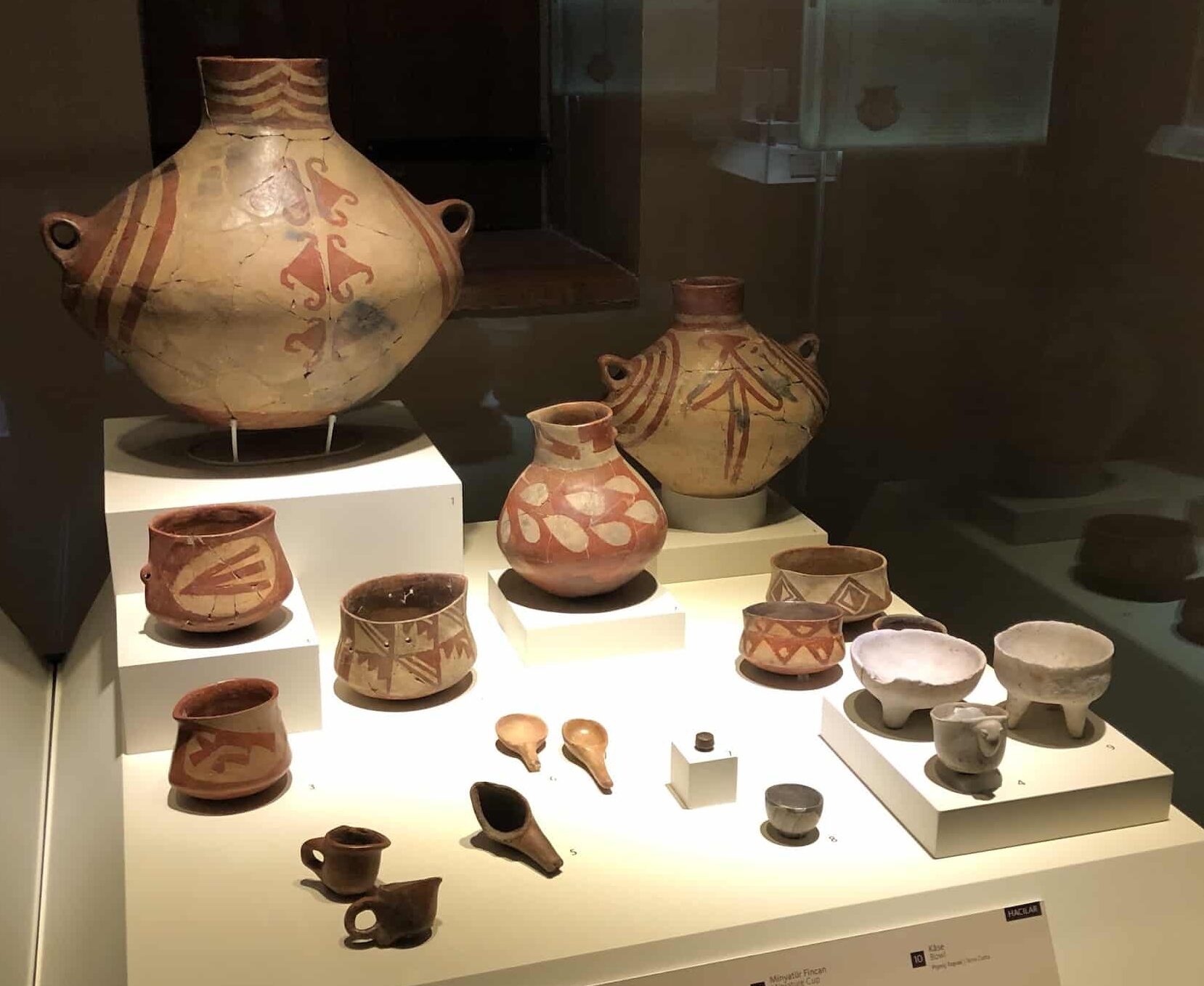 Pottery from Hacılar dating back to the second half of the 6th millennium BC at the Museum of Anatolian Civilizations in Ankara, Turkey