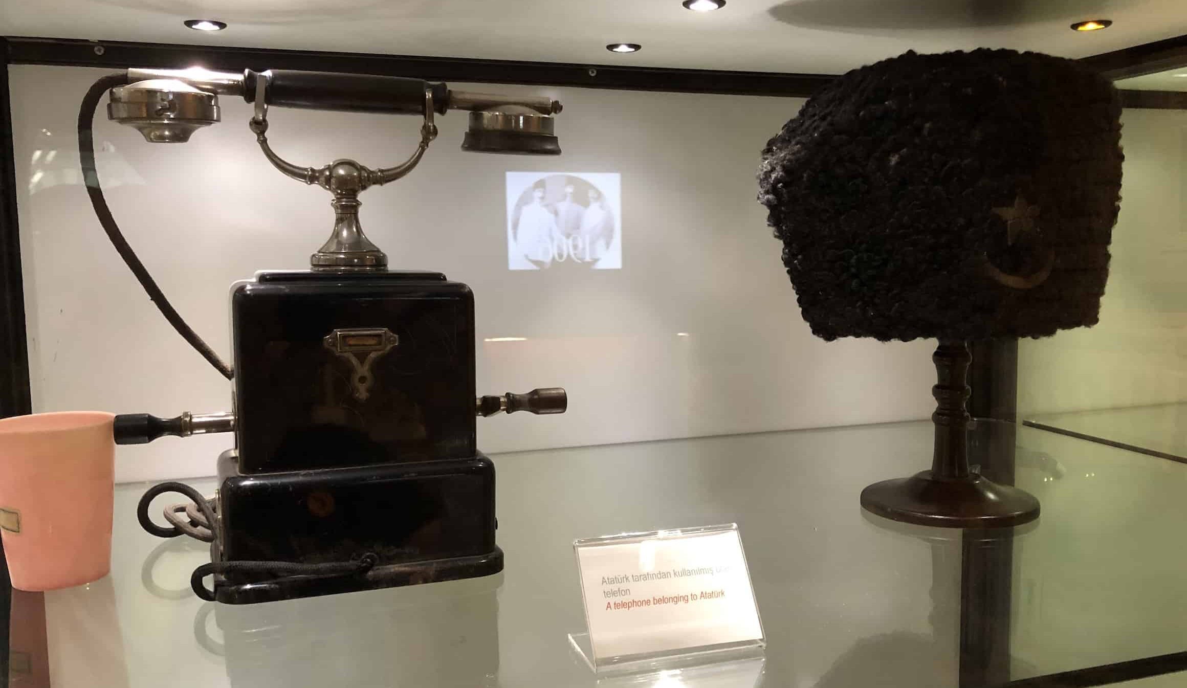 A phone and hat used by Atatürk at the Rahmi M. Koç Museum in Ankara, Turkey
