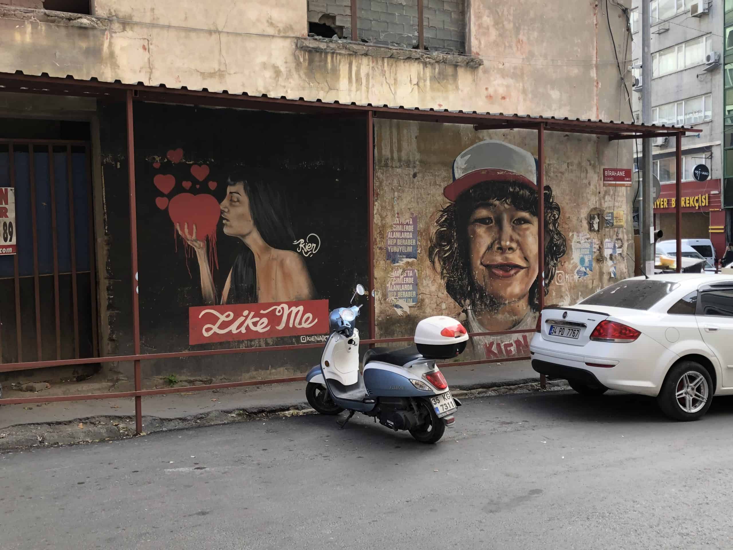 Murals across the street from Bomontiada in Şişli, Istanbul, Turkey
