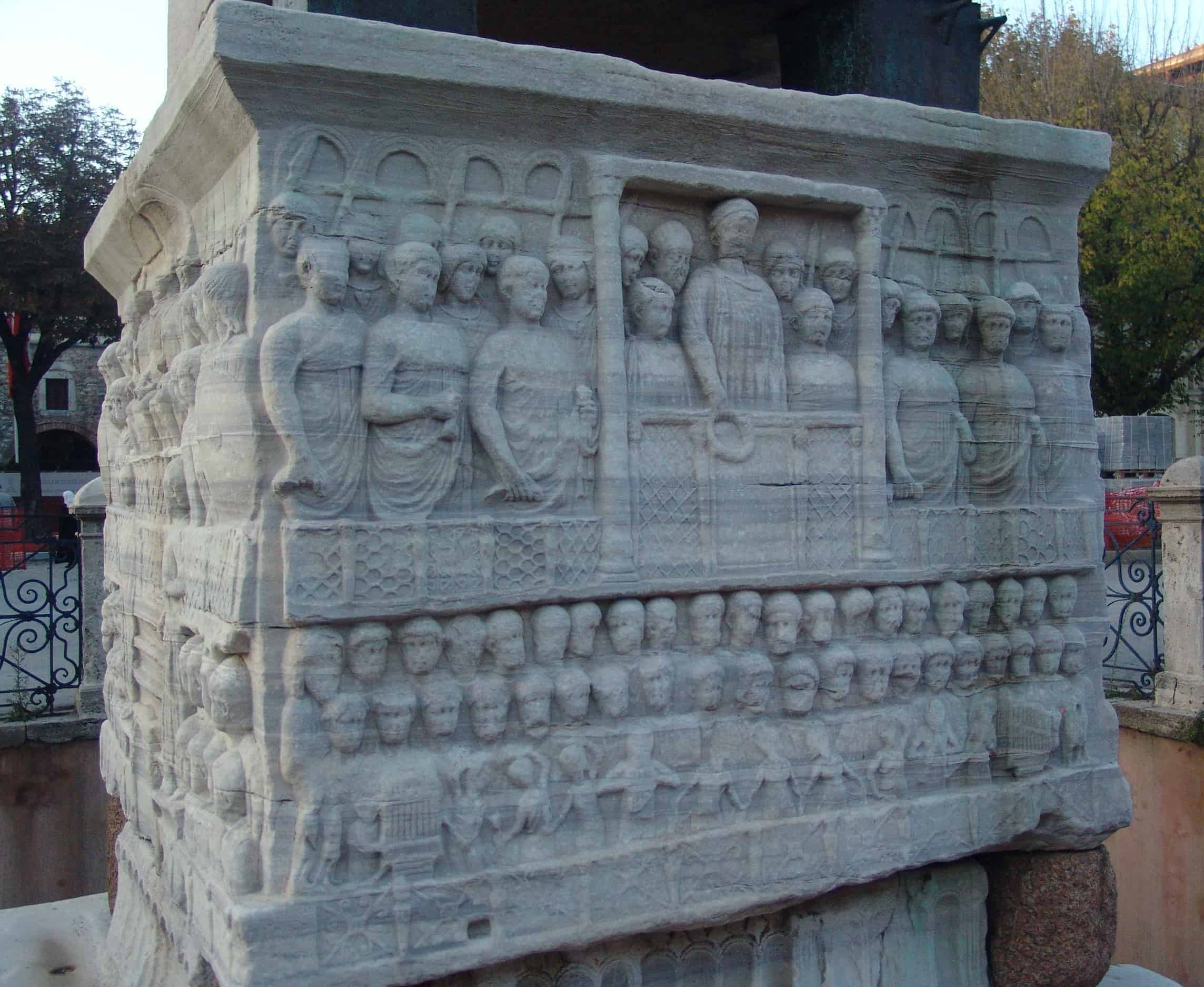 Theodosius I offers laurels of victory (east face) on the pedestal of the Obelisk of Thutmose III