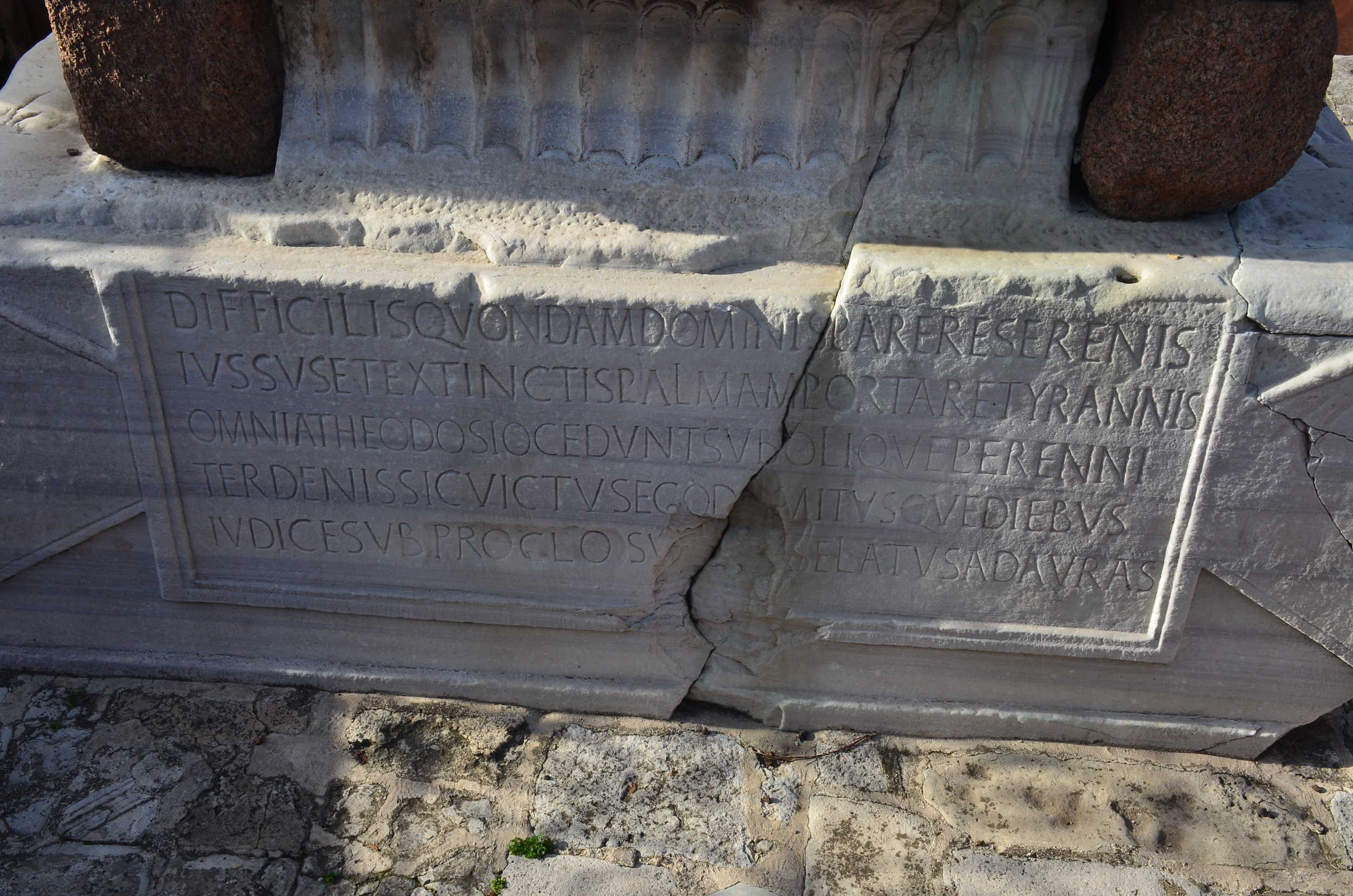 Inscription in Latin on the pedestal of the Obelisk of Thutmose III on the Hippodrome in Sultanahmet, Istanbul, Turkey