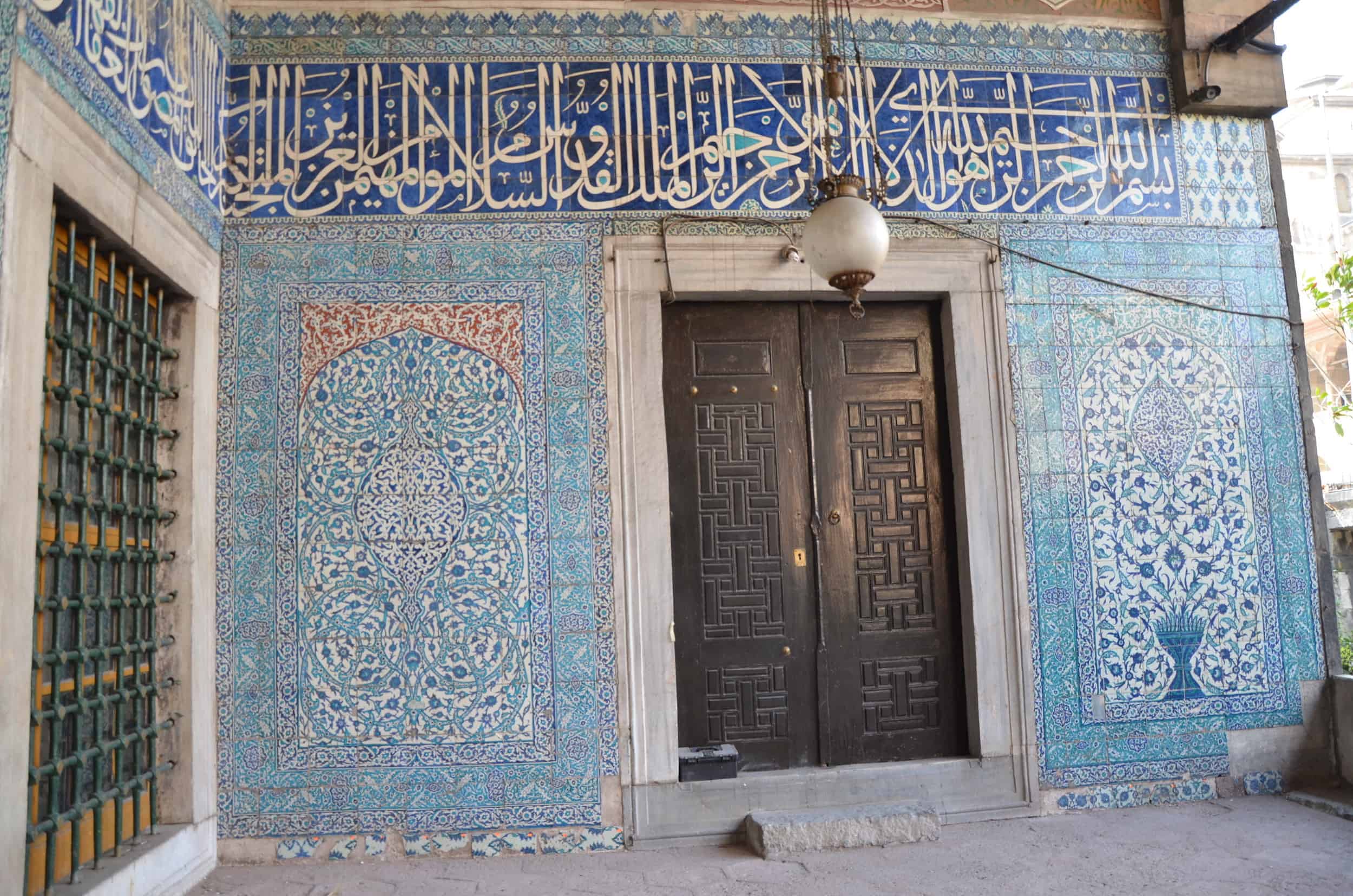 Iznik tiles on the porch of the tomb of Turhan Hatice Sultan at the New Mosque complex in Eminönü, Istanbul, Turkey
