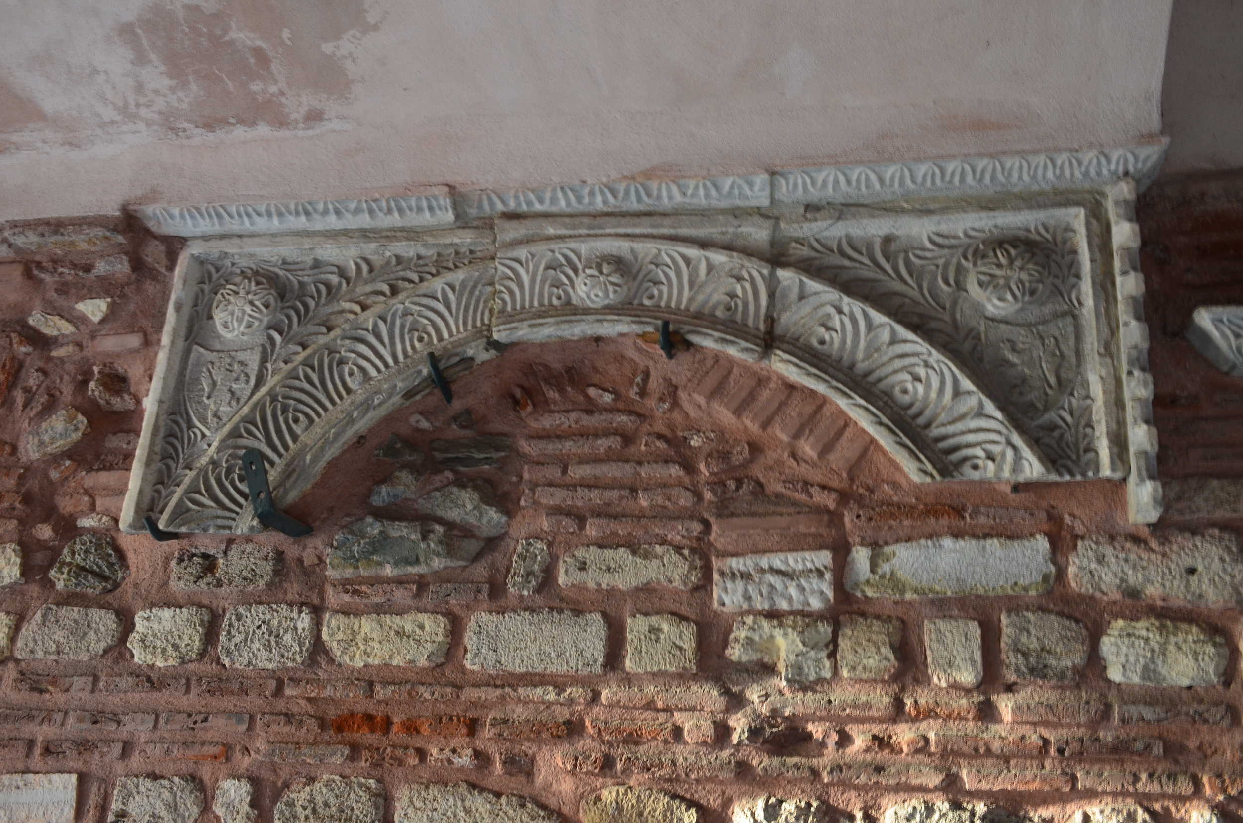 Stone fragments under the bell tower at the Arab Mosque in Istanbul, Turkey