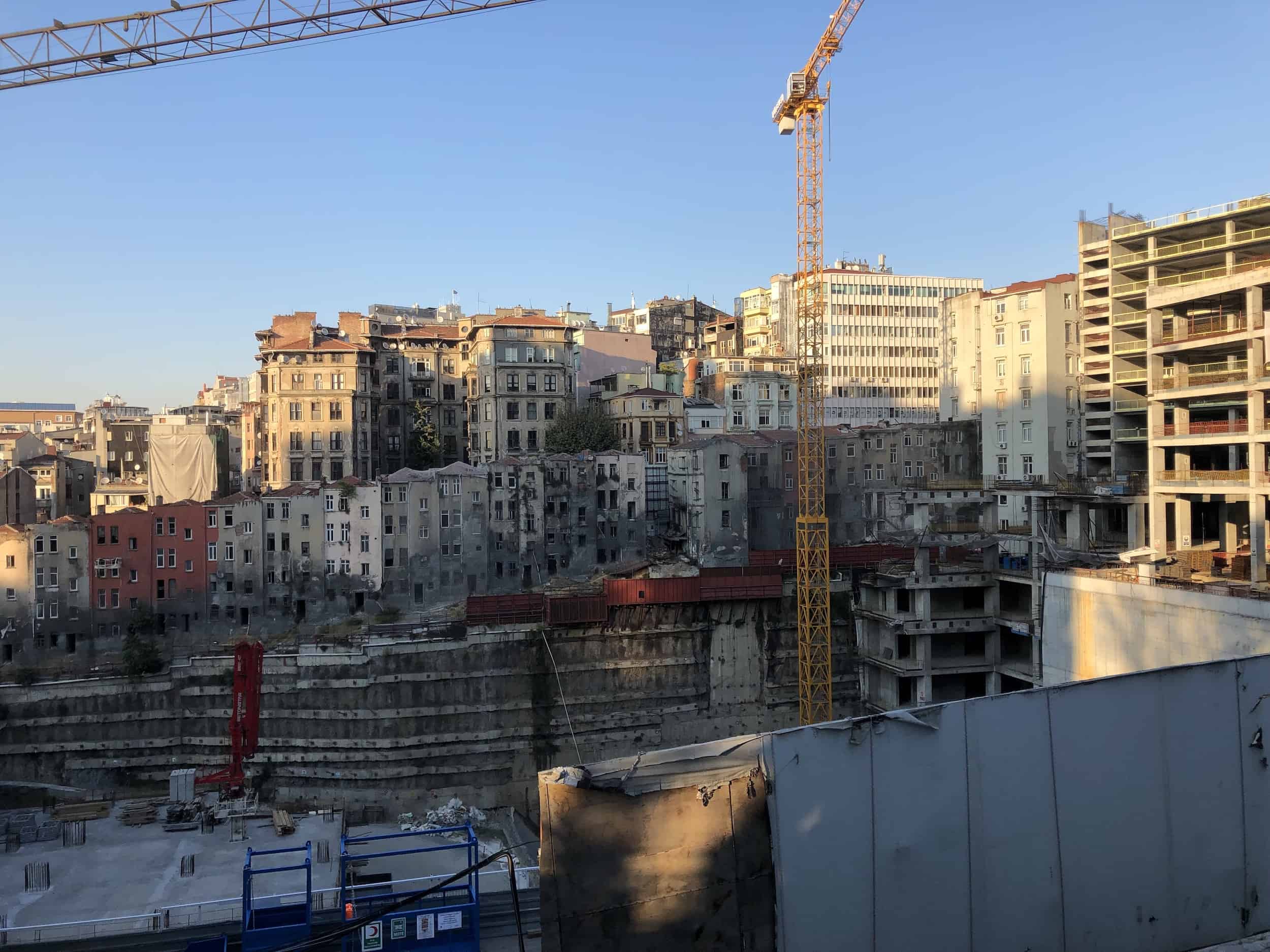 Looking across the construction site to the townhomes in Elmadağ, Istanbul, Turkey