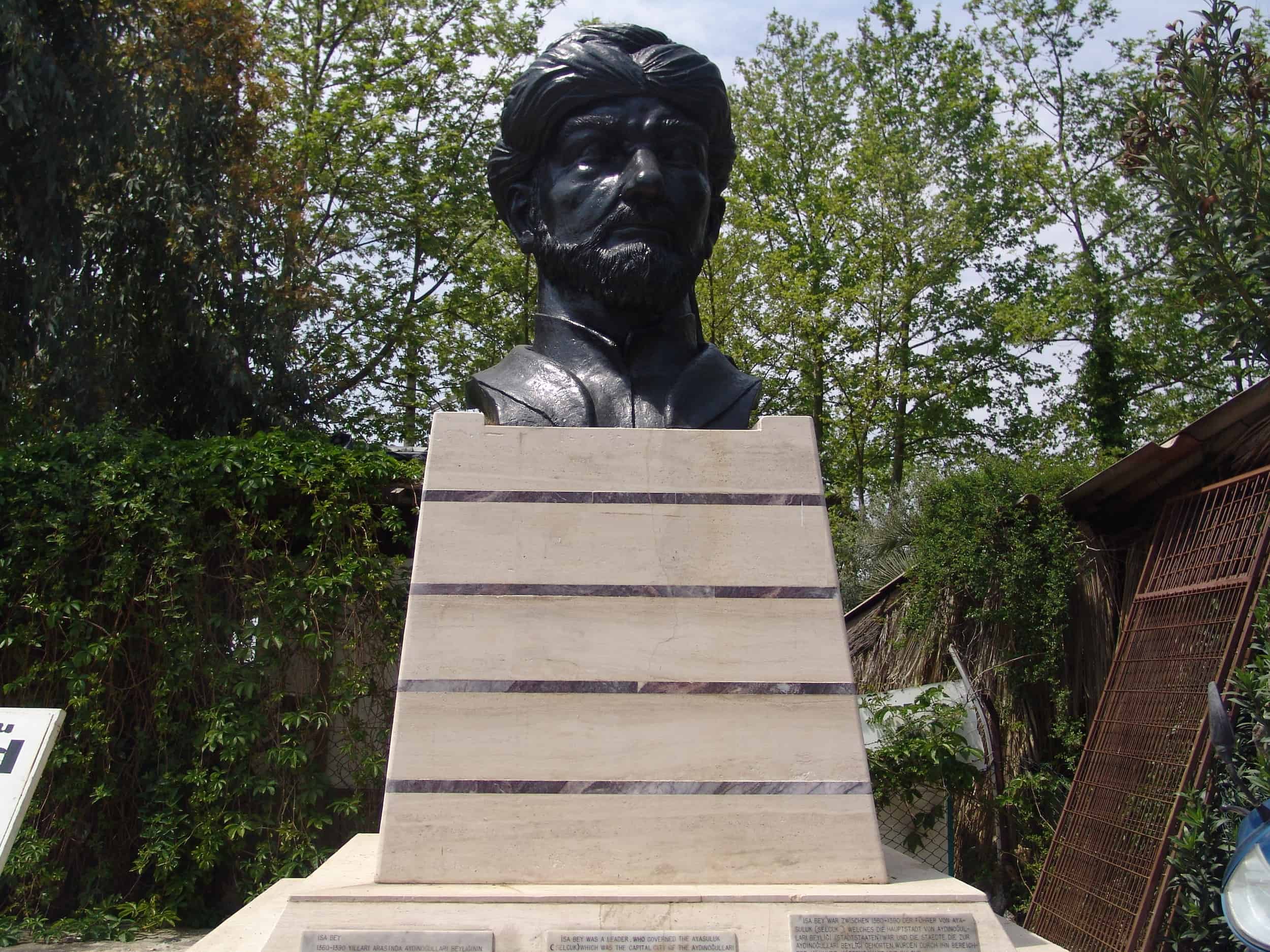 Bust of Isa Bey outside the Isa Bey Mosque