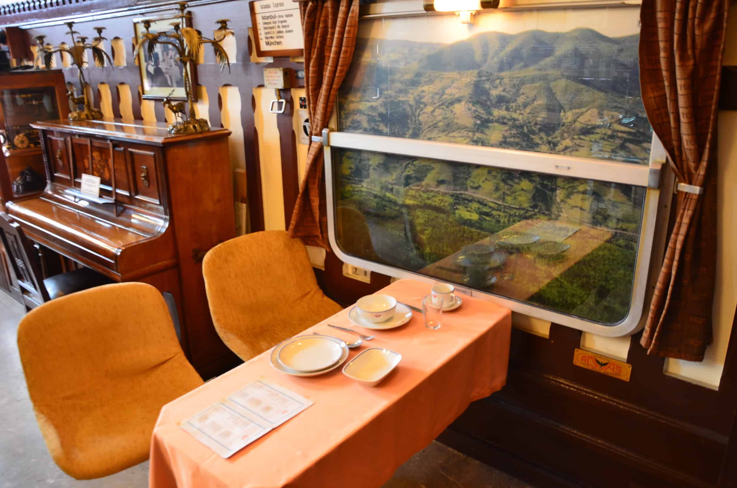 Dining car table at the Istanbul Railway Museum at Sirkeci Station in Istanbul, Turkey