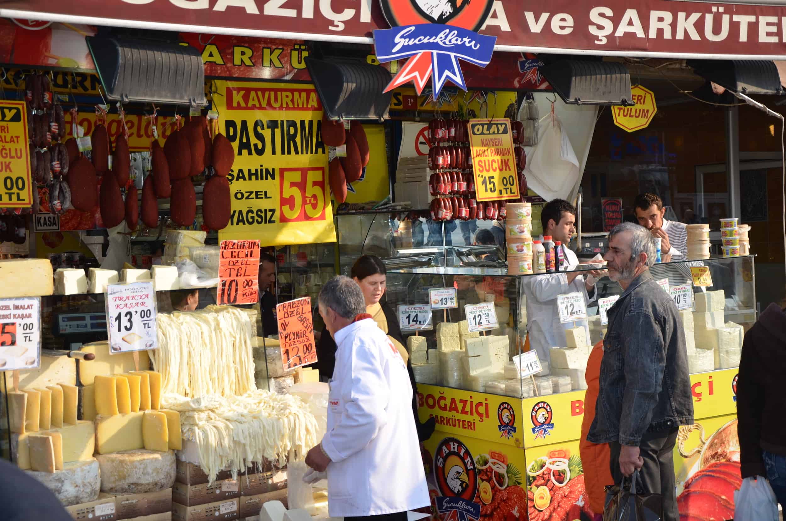 Meats and cheese at the Spice Bazaar in Istanbul, Turkey