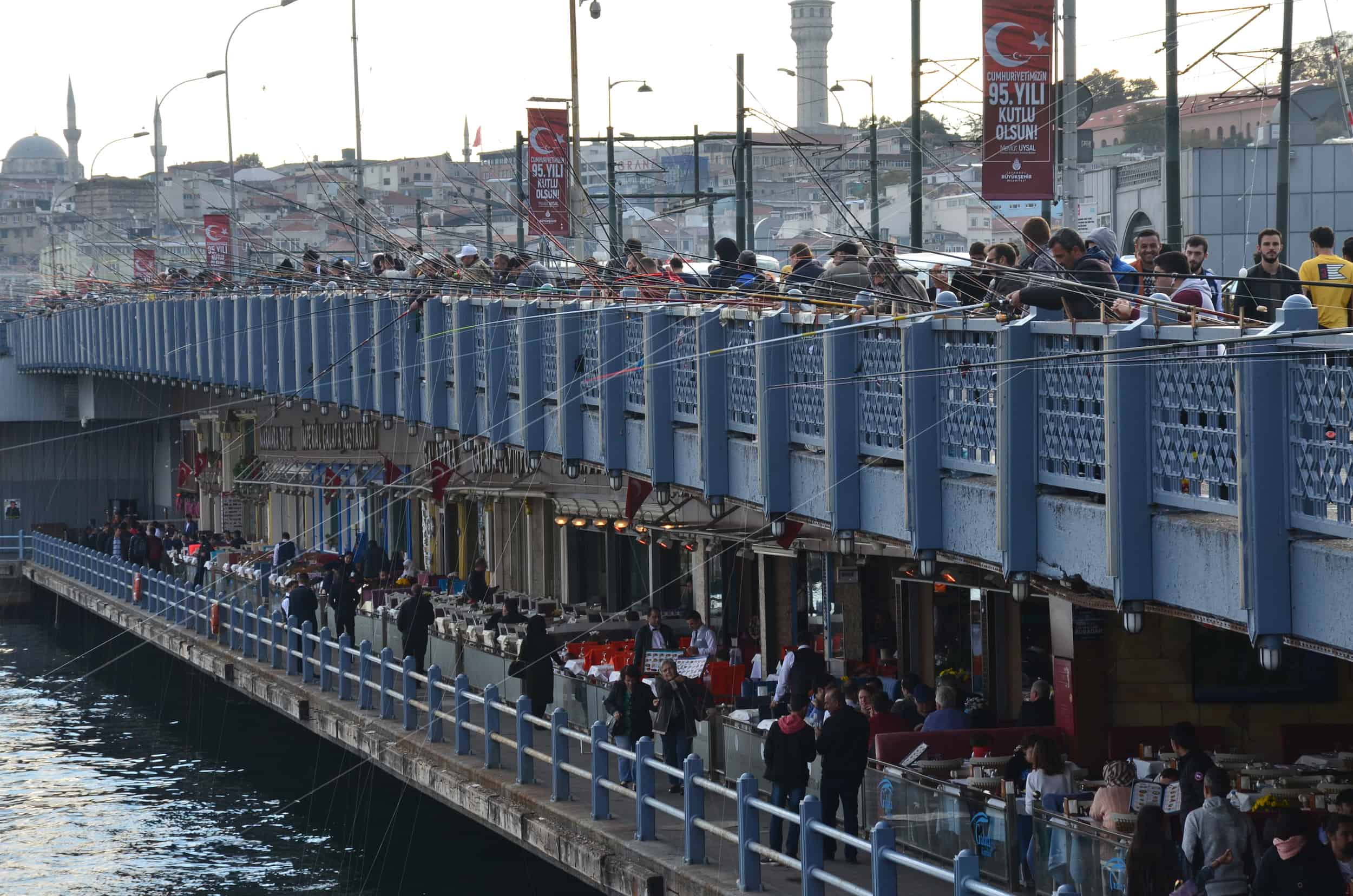The two levels on the Galata Bridge in Istanbul, Turkey