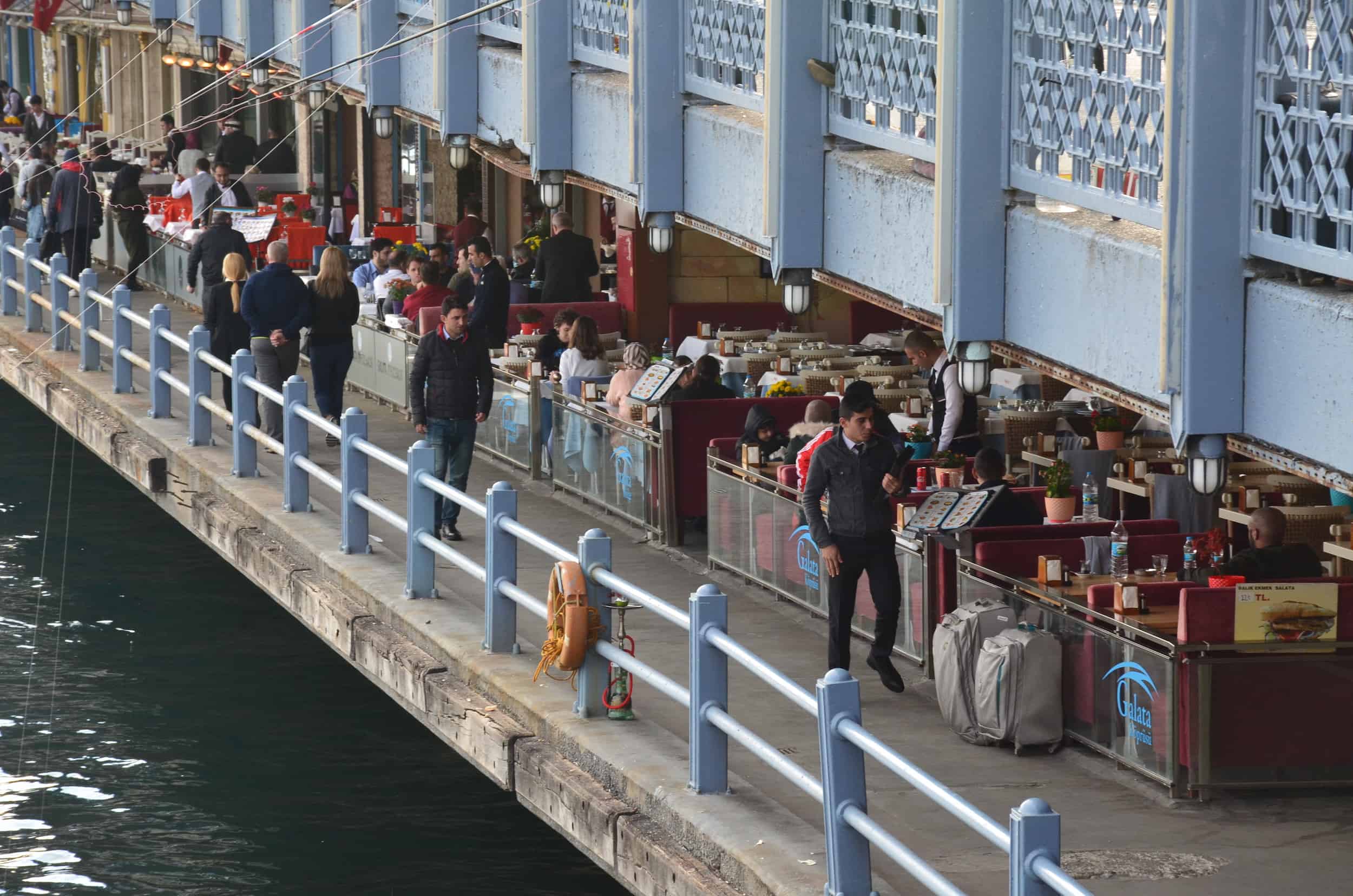 Restaurants on the lower level of the Galata Bridge in Istanbul, Turkey