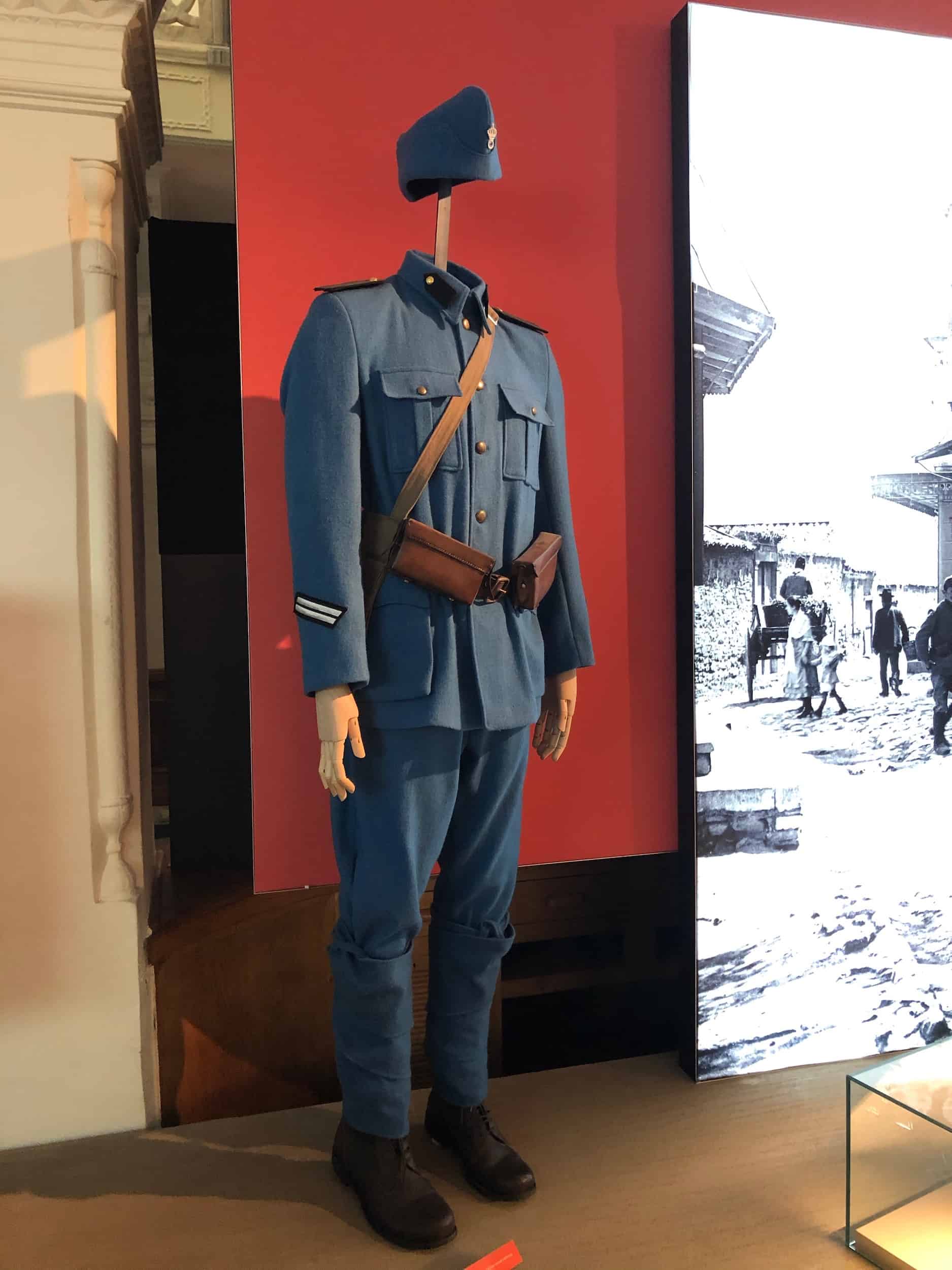 Greek soldier's uniform at the İşbank Museum in Eminönü, Istanbul, Turkey